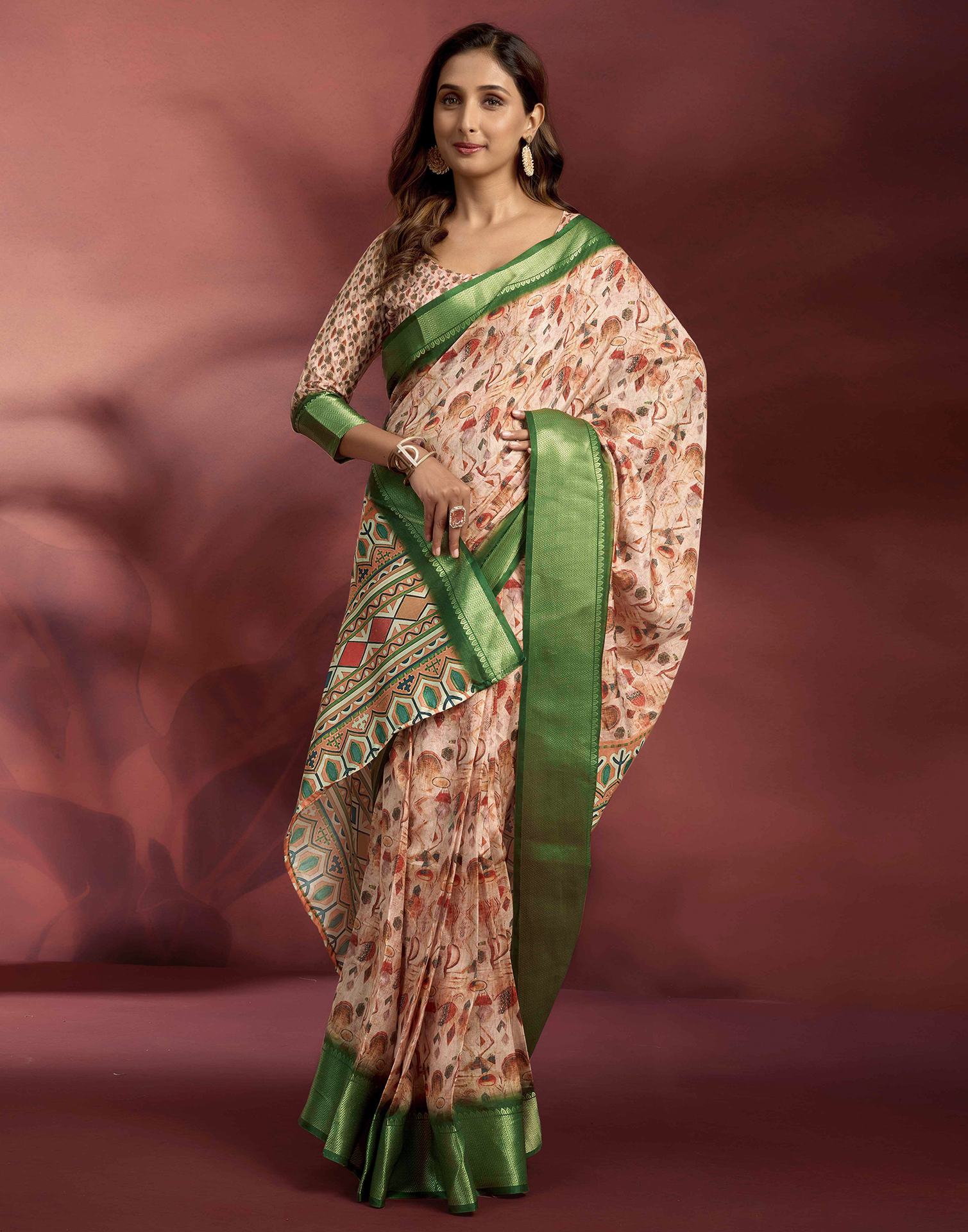 Ready To Wear Rose Pink Dola Silk Printed Saree