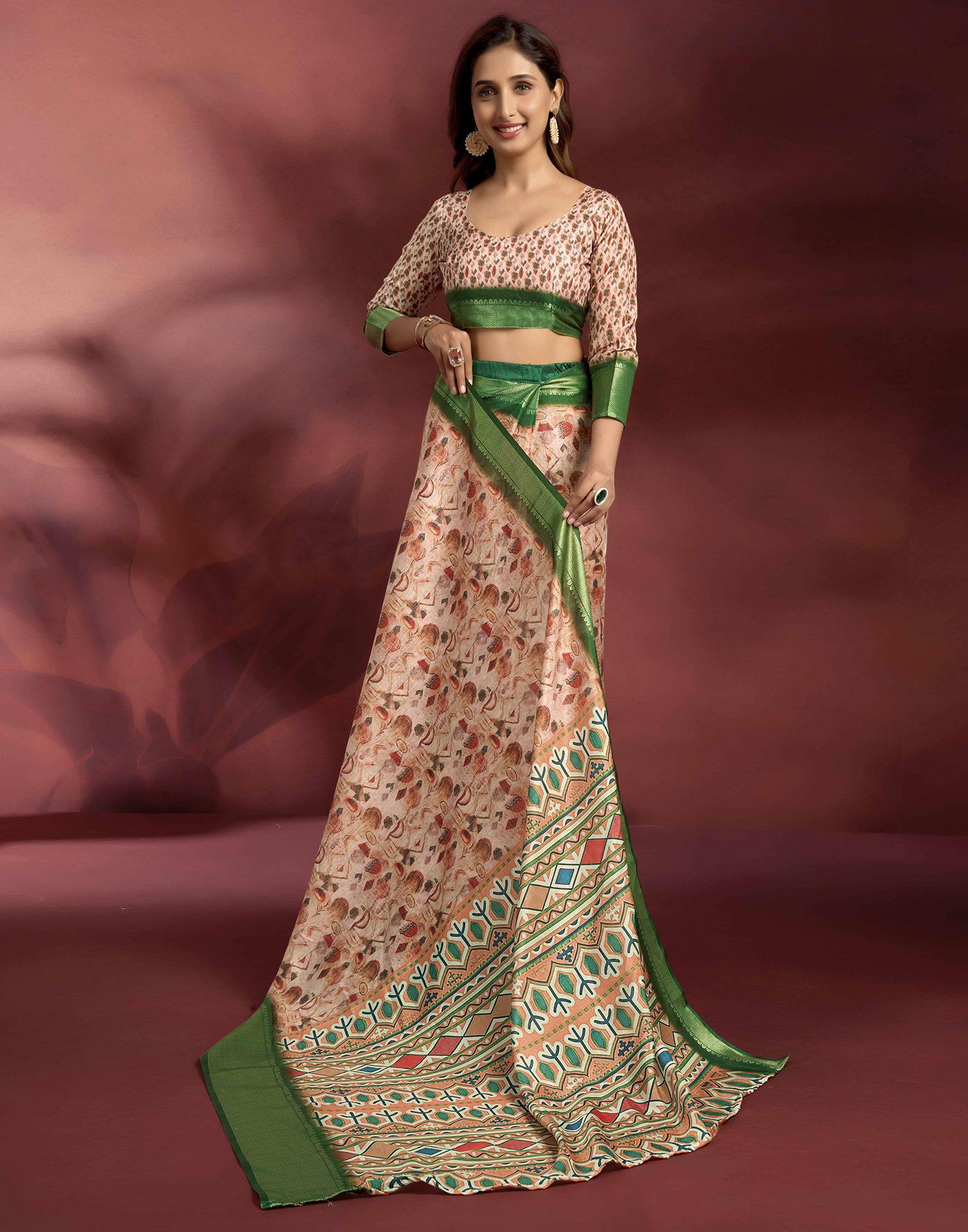 Ready To Wear Rose Pink Dola Silk Printed Saree