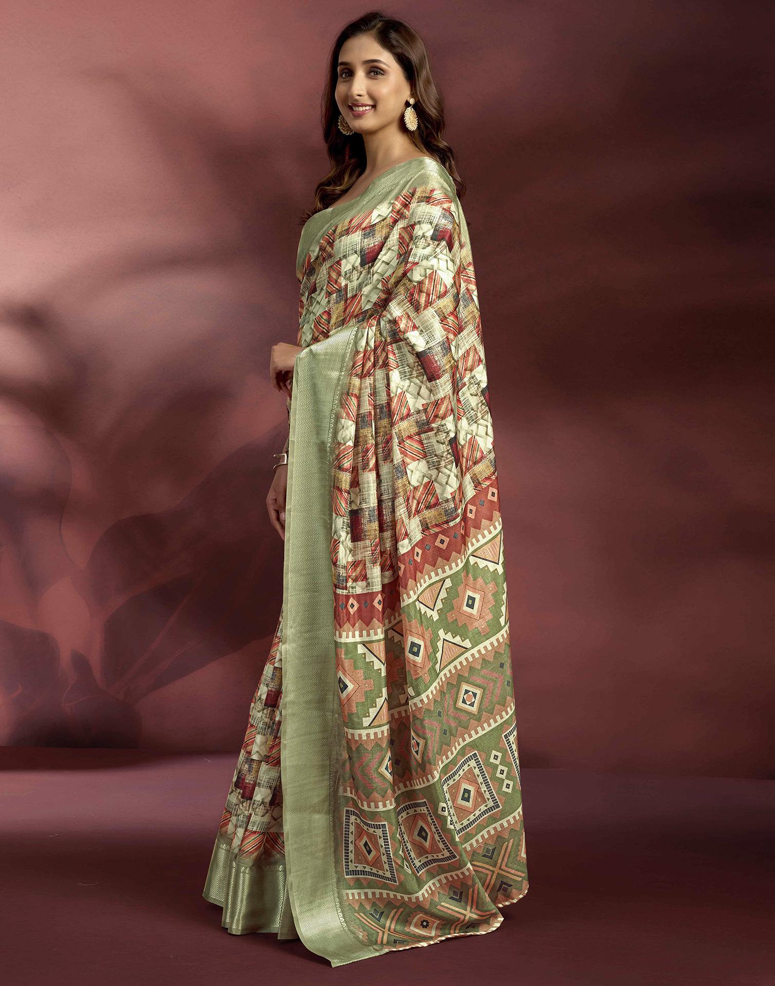 Ready To Wear Pastel Green Brown Dola Silk Printed Saree