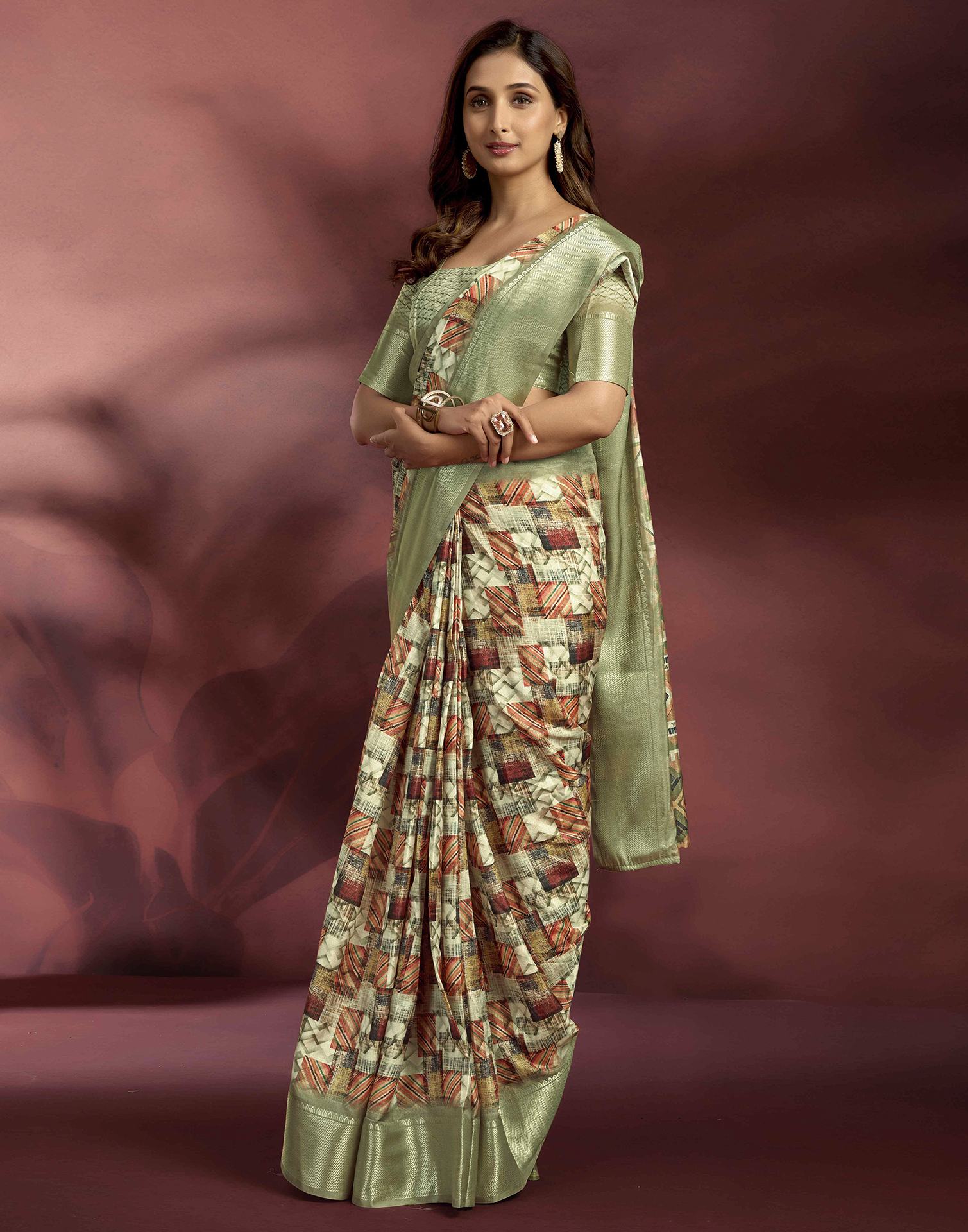 Ready To Wear Pastel Green Brown Dola Silk Printed Saree