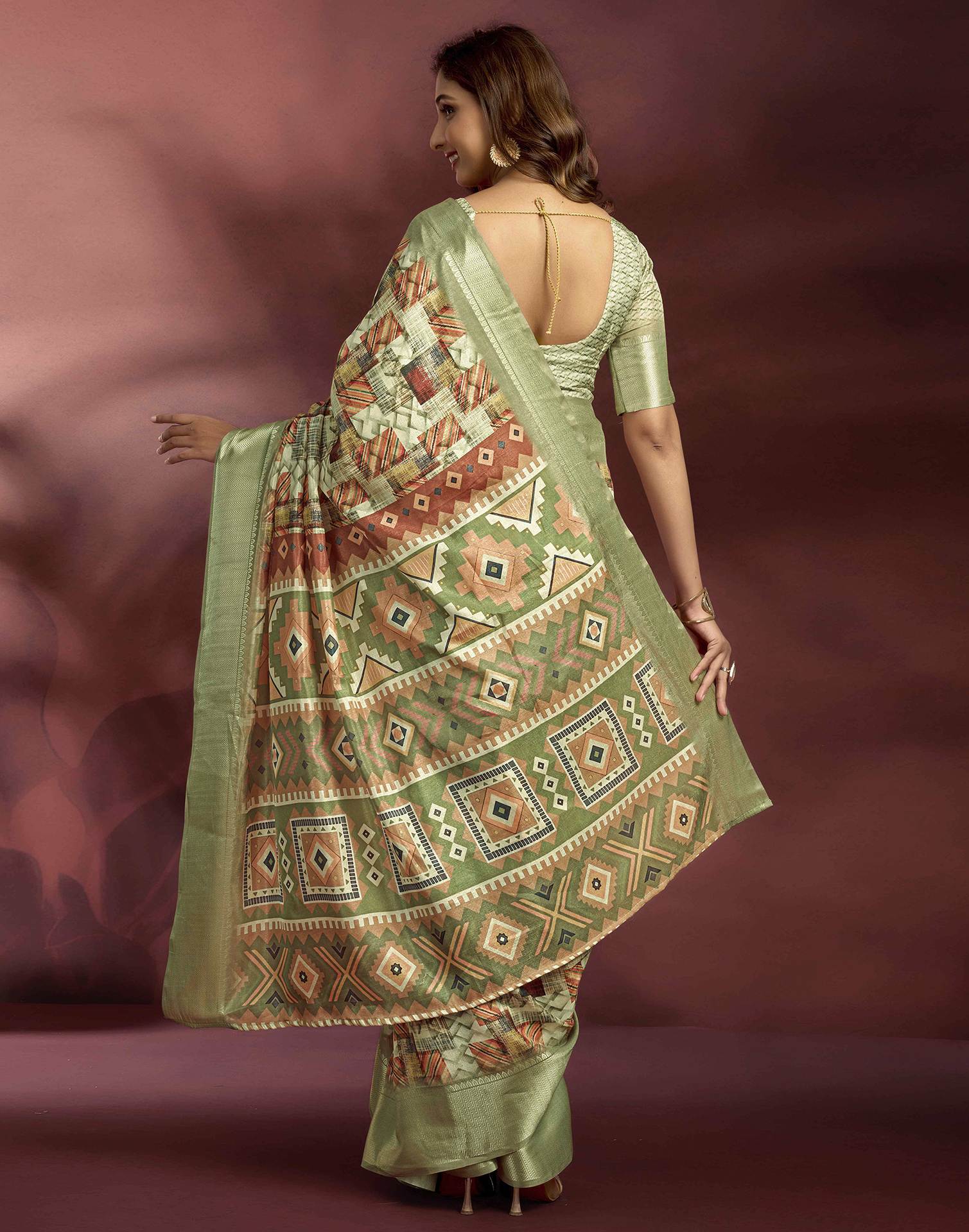 Ready To Wear Pastel Green Brown Dola Silk Printed Saree