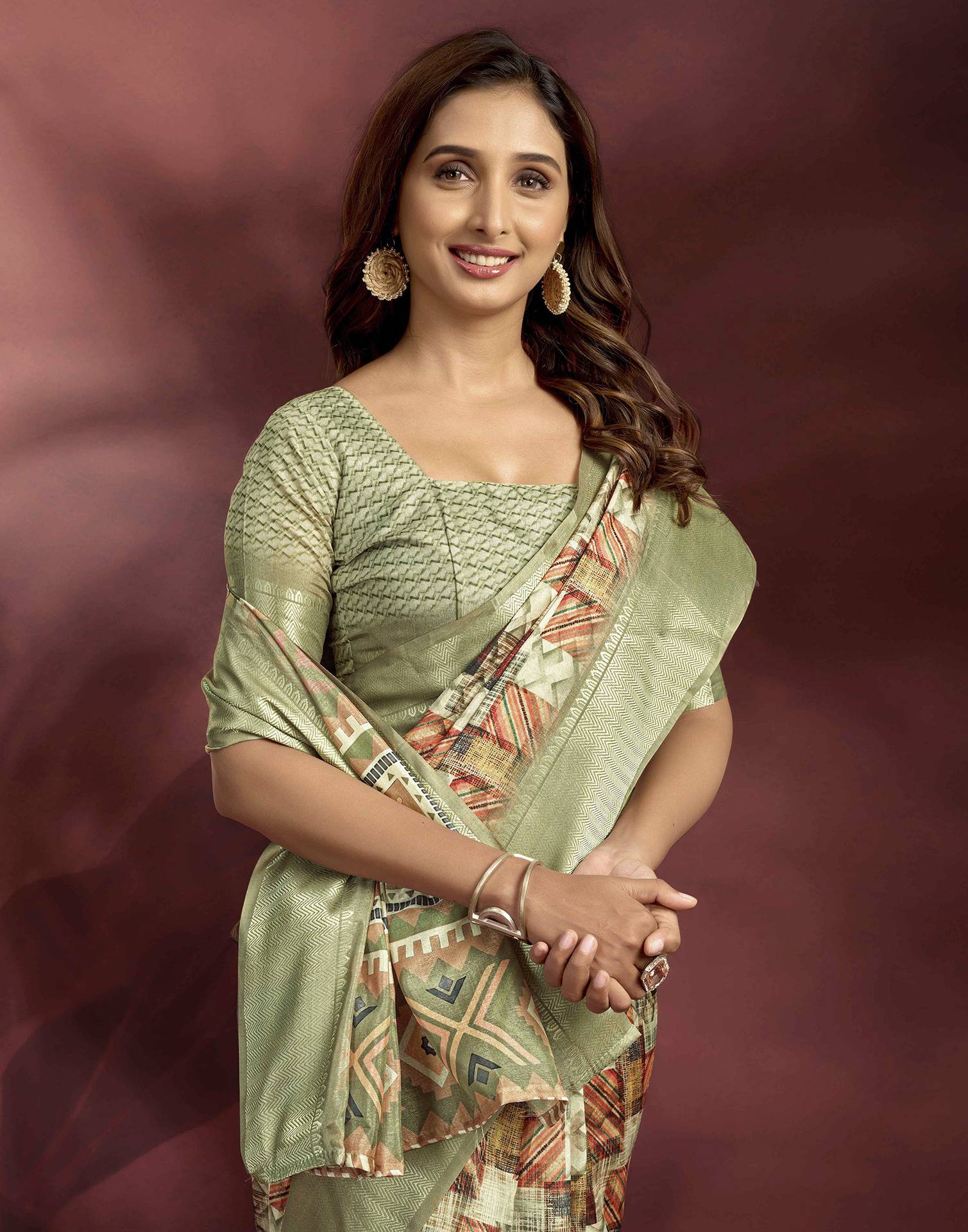 Ready To Wear Pastel Green Brown Dola Silk Printed Saree