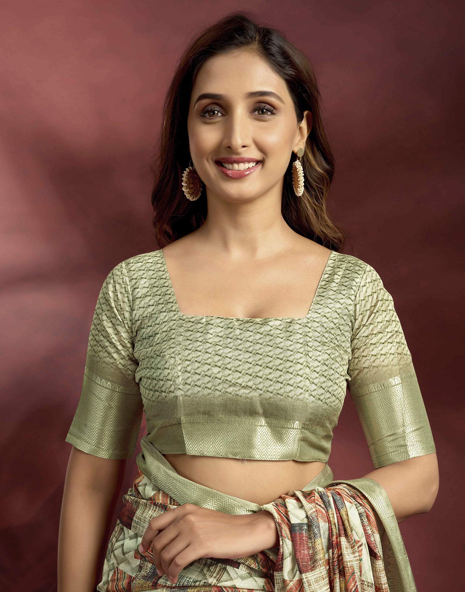 Ready To Wear Pastel Green Brown Dola Silk Printed Saree