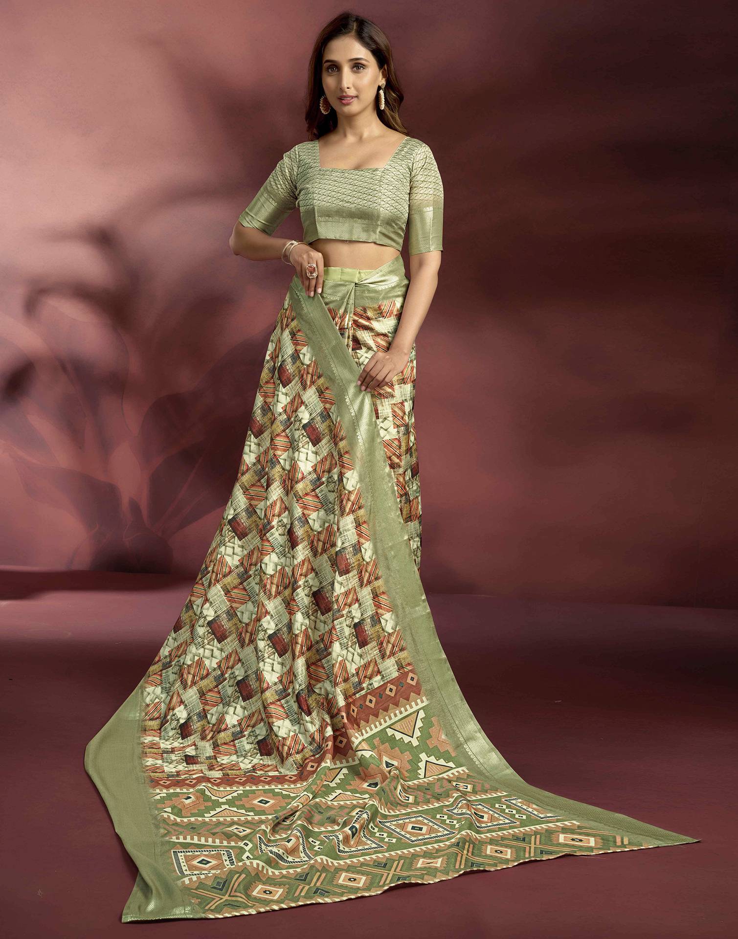 Ready To Wear Pastel Green Brown Dola Silk Printed Saree