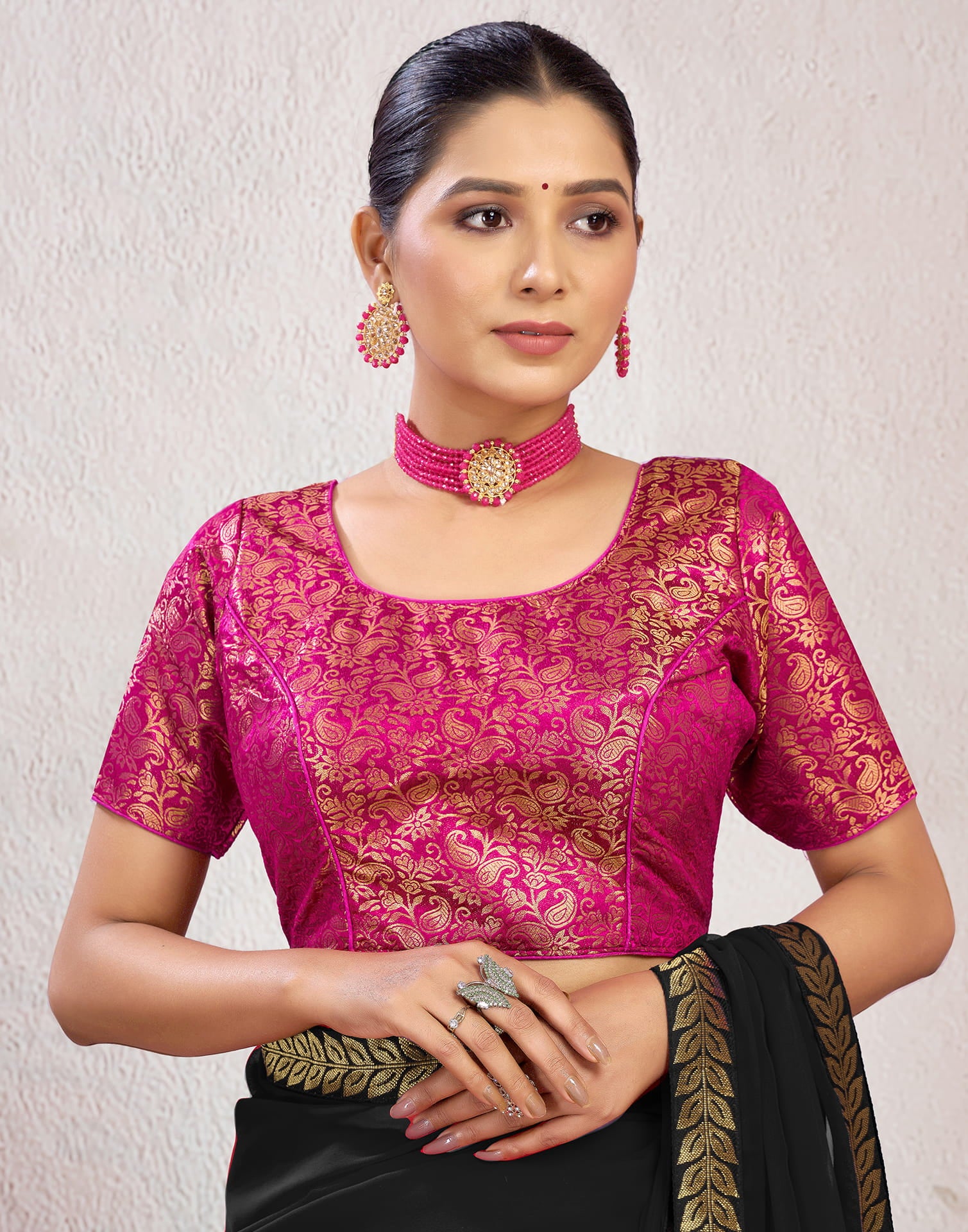 Rani Pink Brocade Plain Woven Blouse