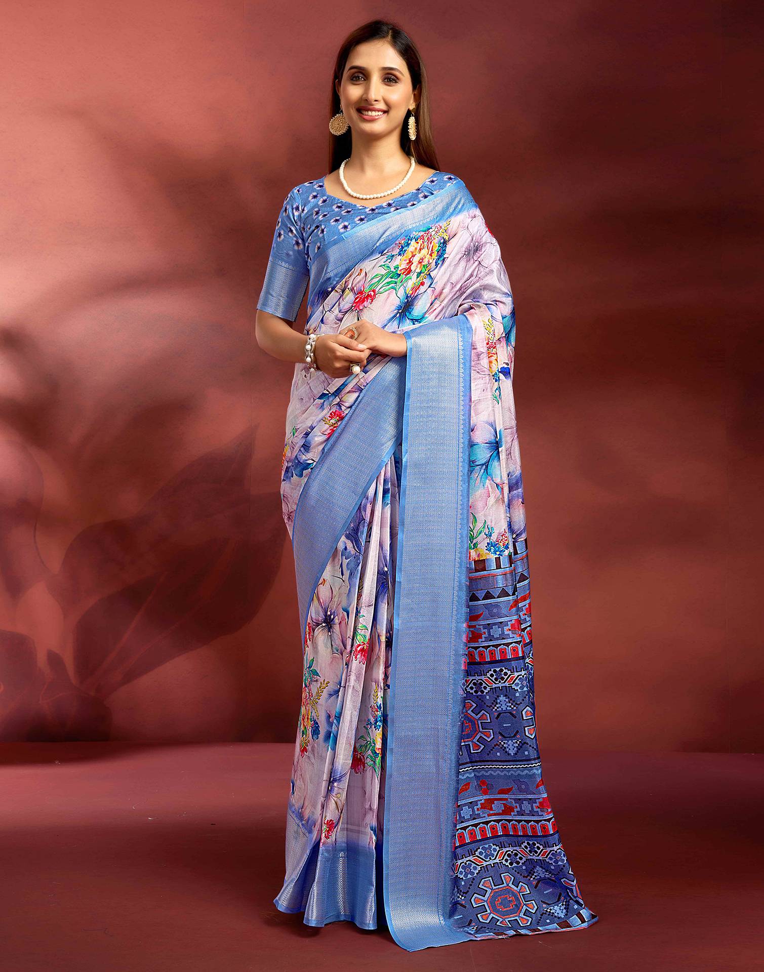 Ready To Wear Rose Pink Dola Silk Printed Saree