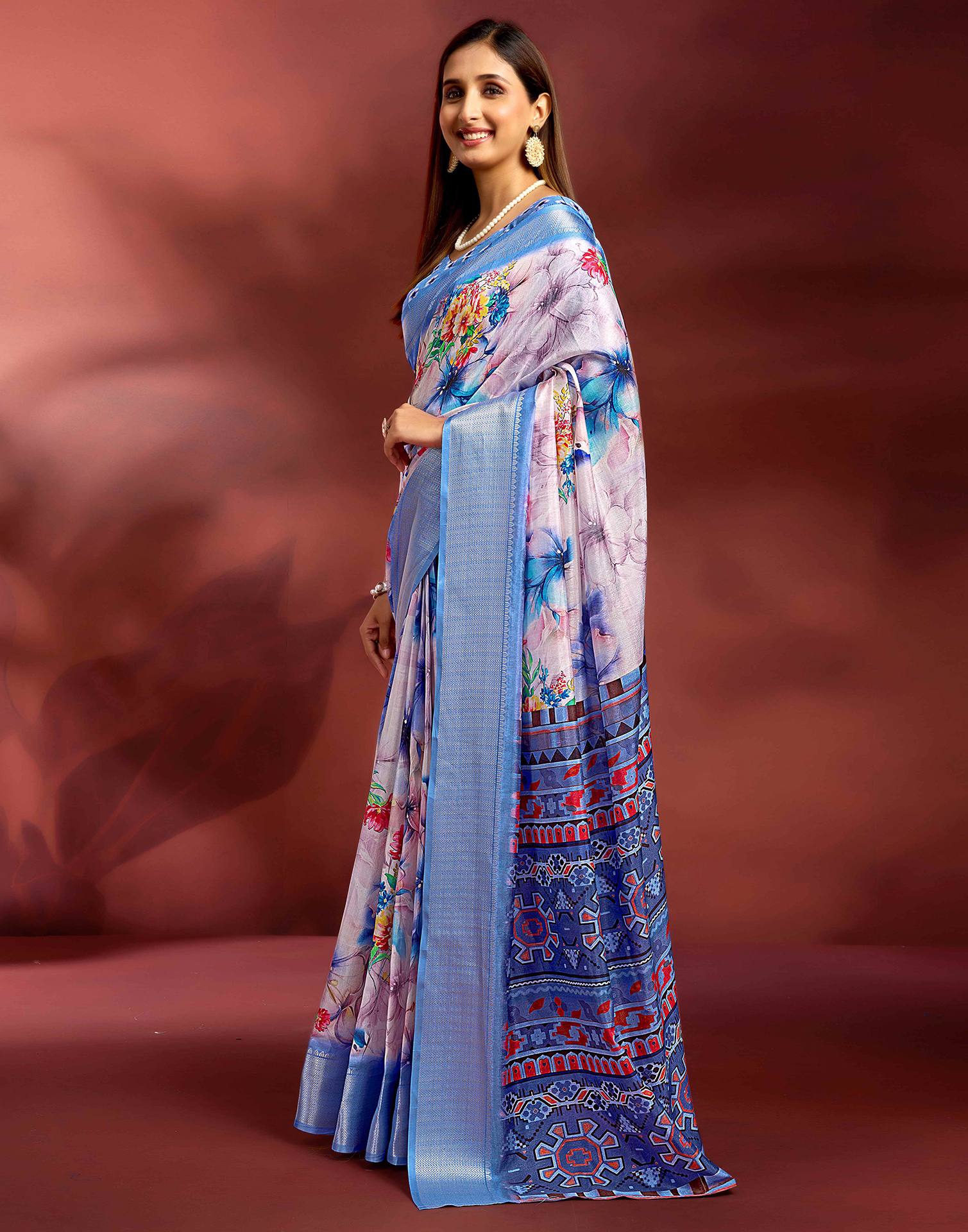 Ready To Wear Rose Pink Dola Silk Printed Saree