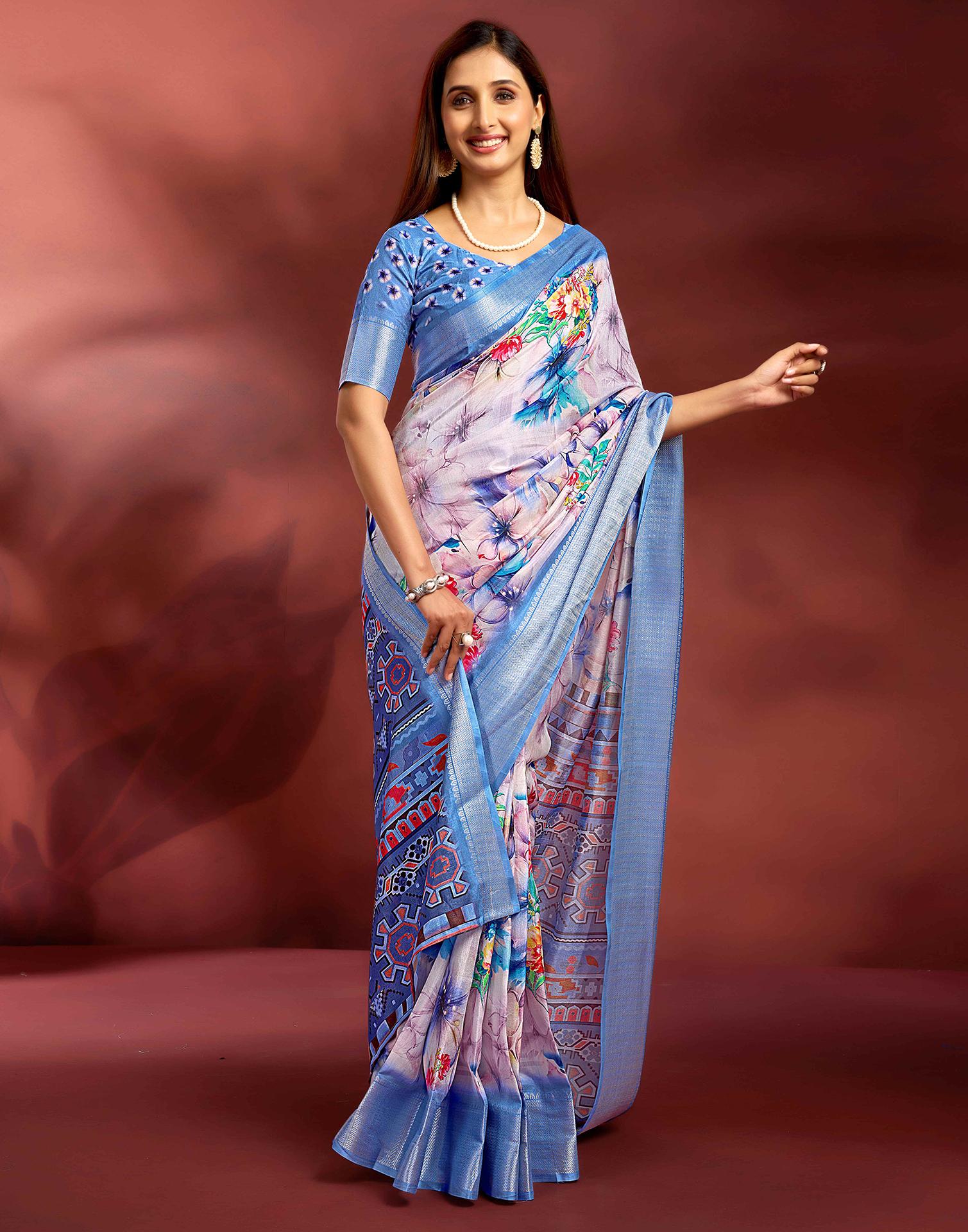 Ready To Wear Rose Pink Dola Silk Printed Saree