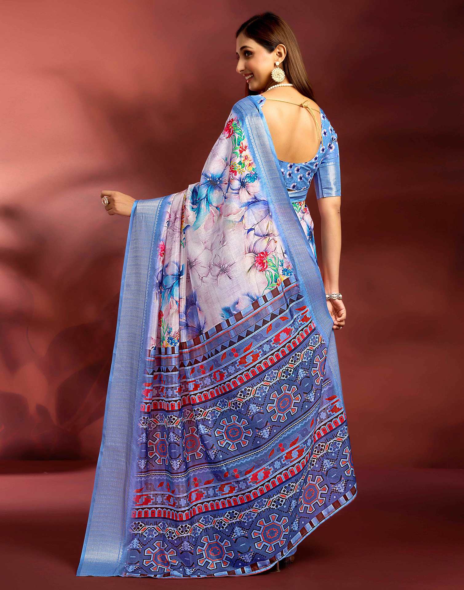 Ready To Wear Rose Pink Dola Silk Printed Saree