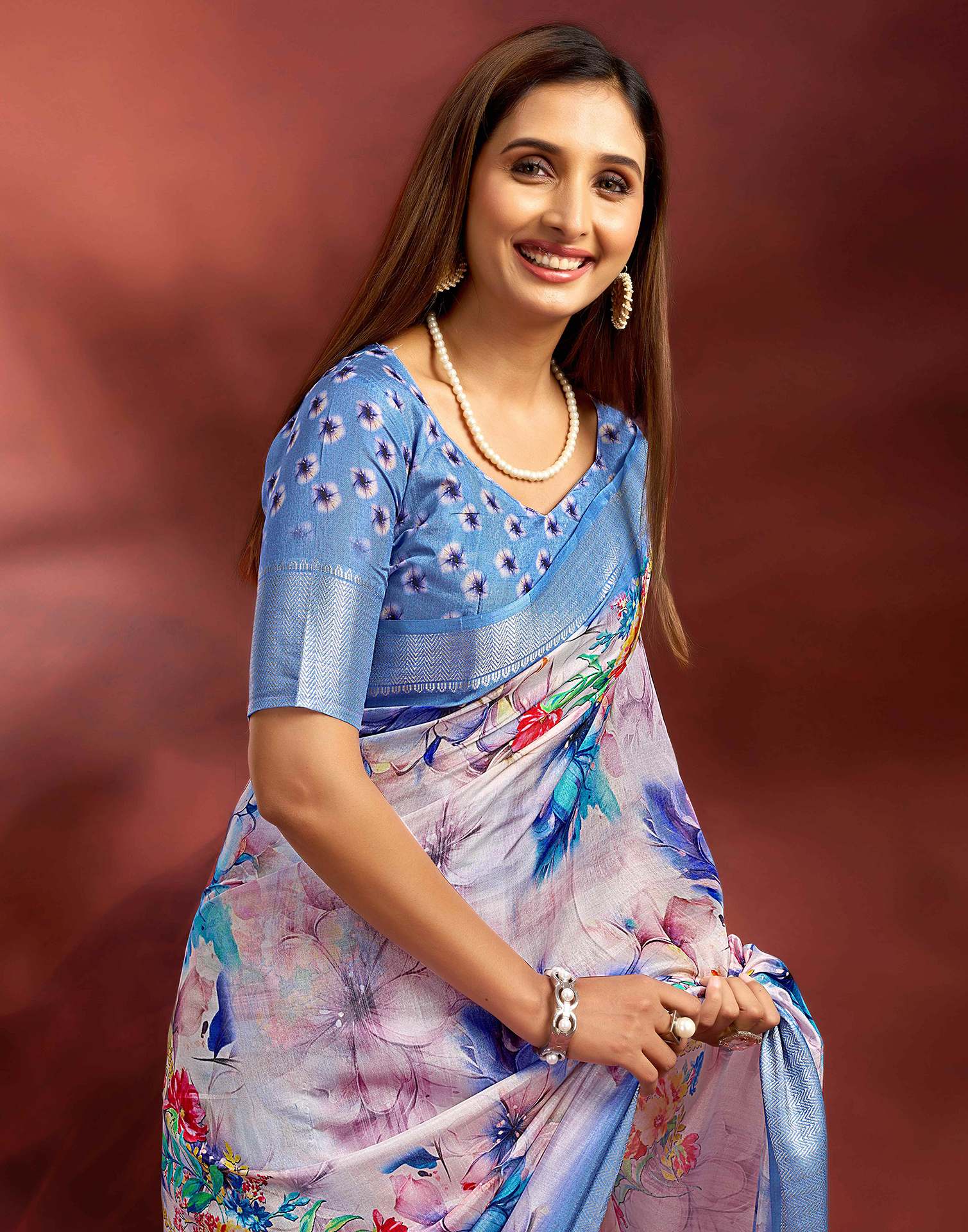 Ready To Wear Rose Pink Dola Silk Printed Saree