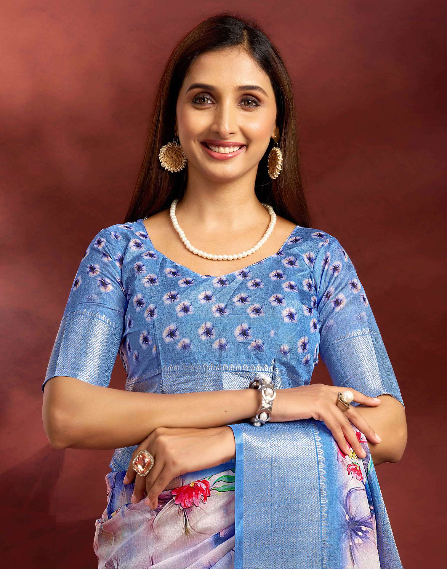 Ready To Wear Rose Pink Dola Silk Printed Saree