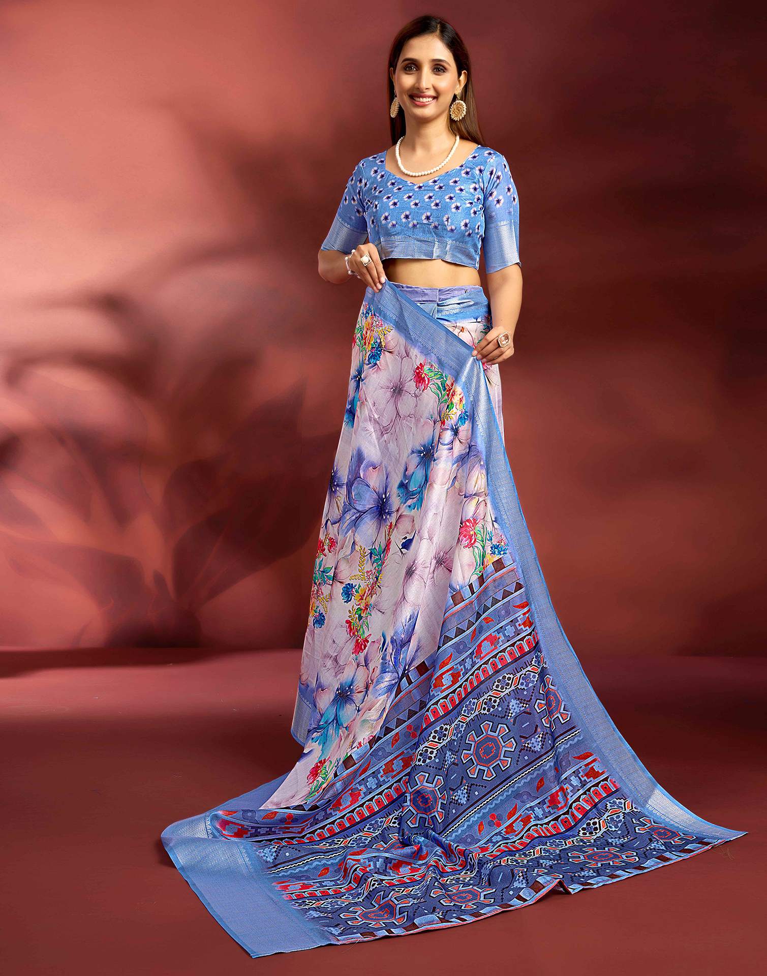 Ready To Wear Rose Pink Dola Silk Printed Saree