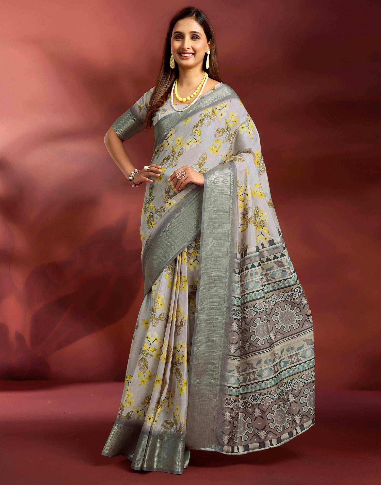 Ready To Wear Light Grey Dola Silk Printed Saree