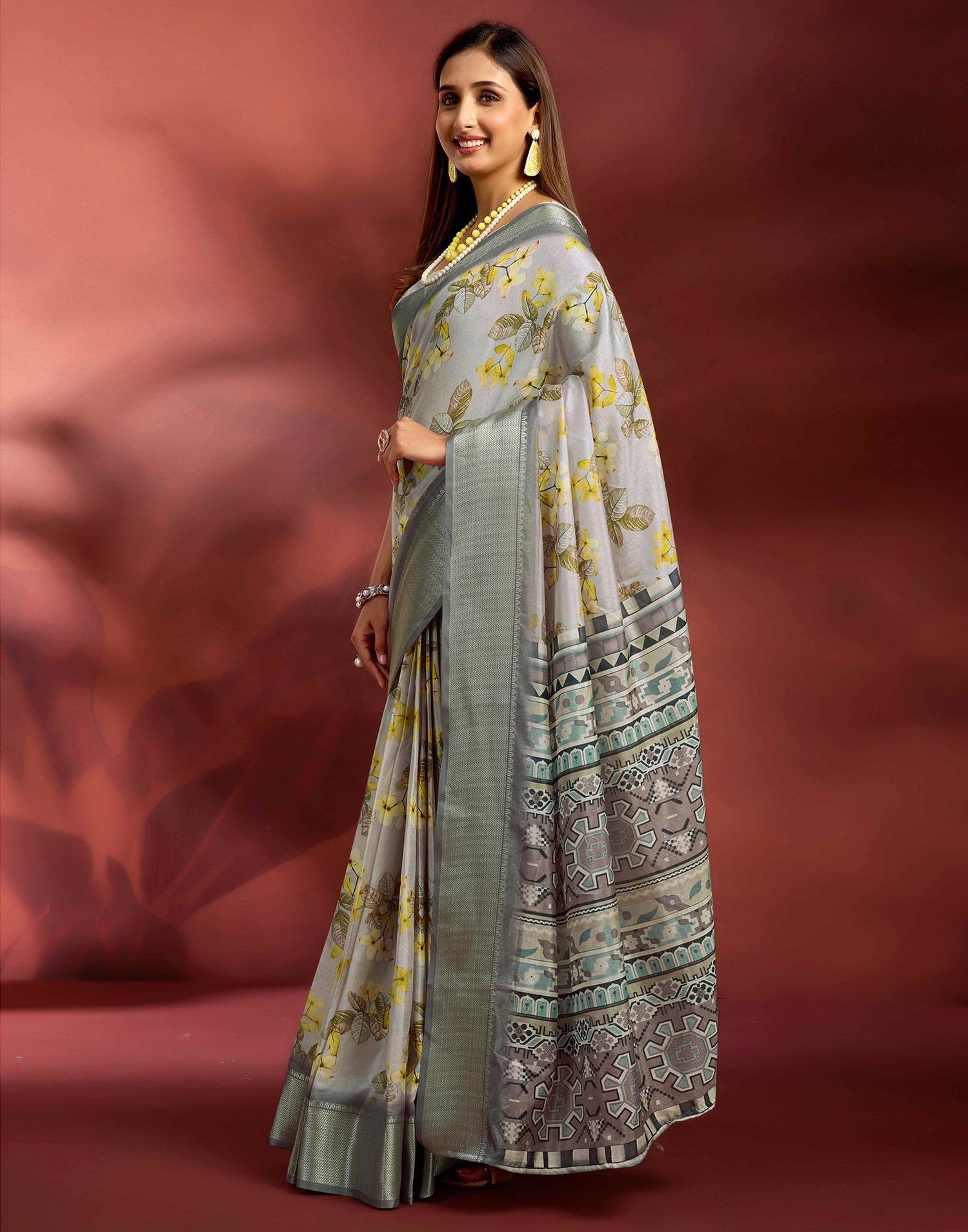 Ready To Wear Light Grey Dola Silk Printed Saree