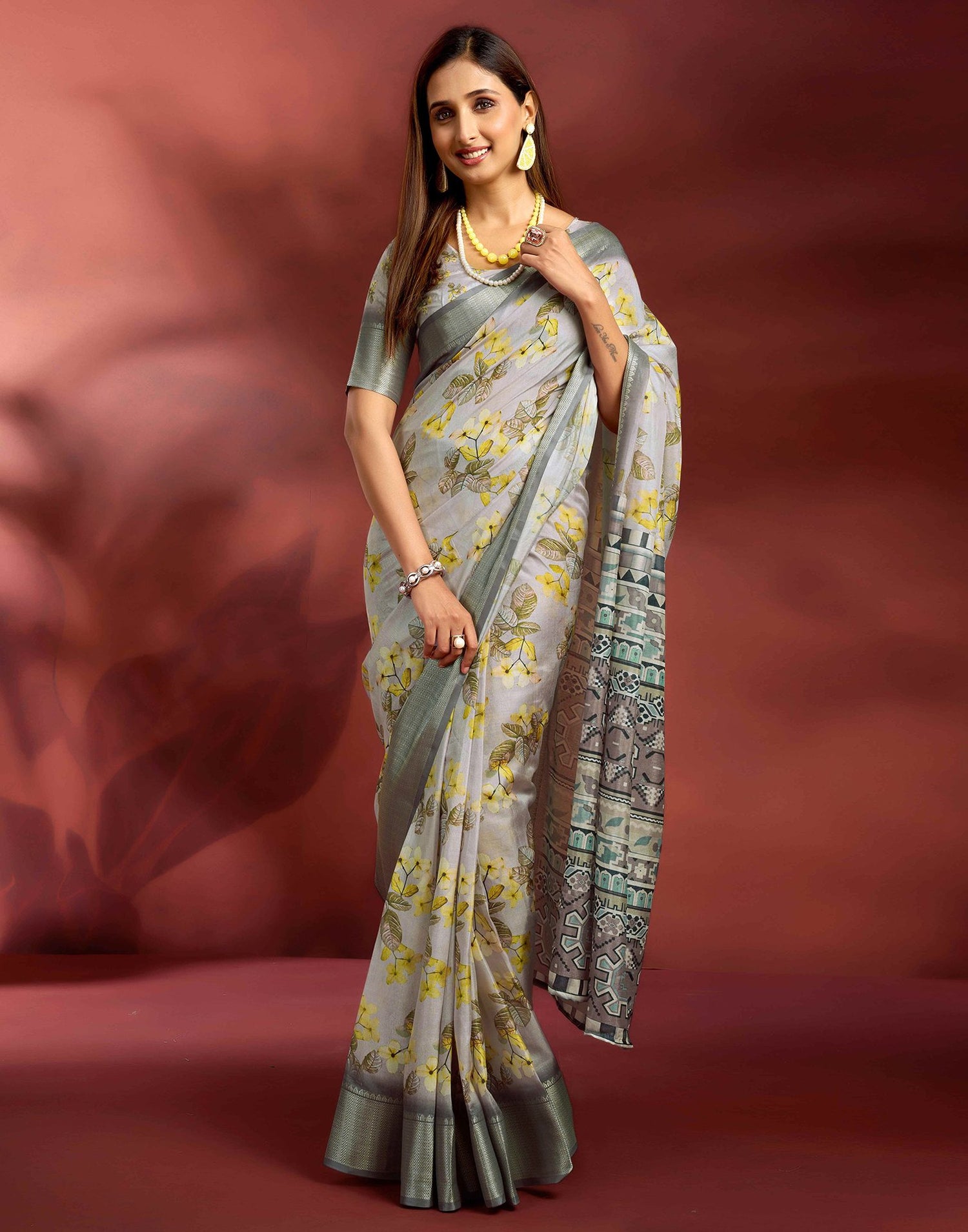 Ready To Wear Light Grey Dola Silk Printed Saree