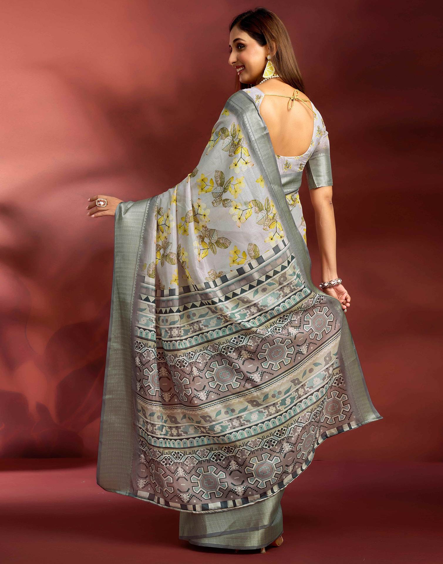 Ready To Wear Light Grey Dola Silk Printed Saree