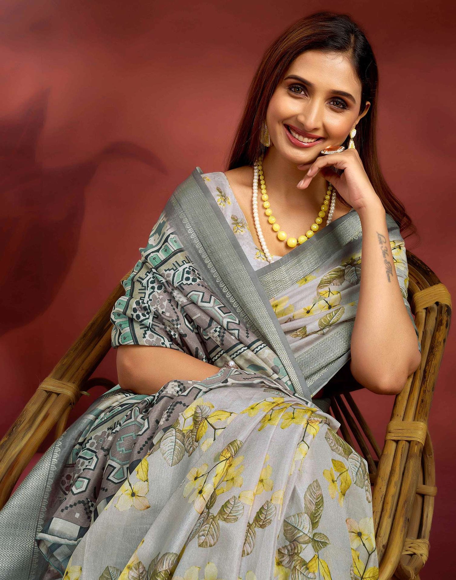 Ready To Wear Light Grey Dola Silk Printed Saree