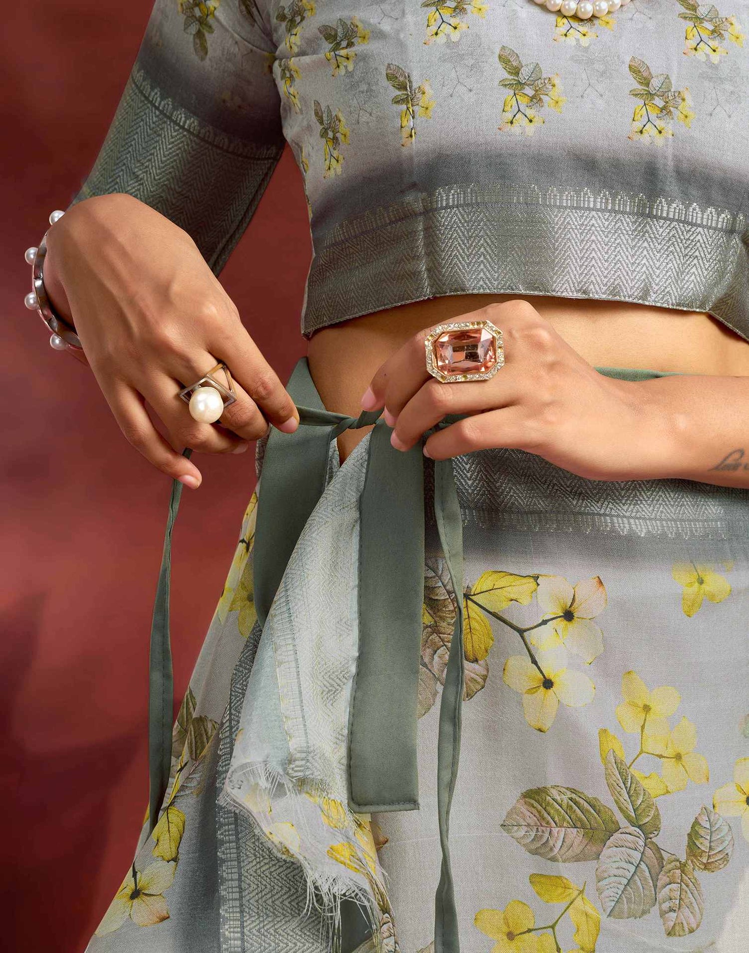 Ready To Wear Light Grey Dola Silk Printed Saree