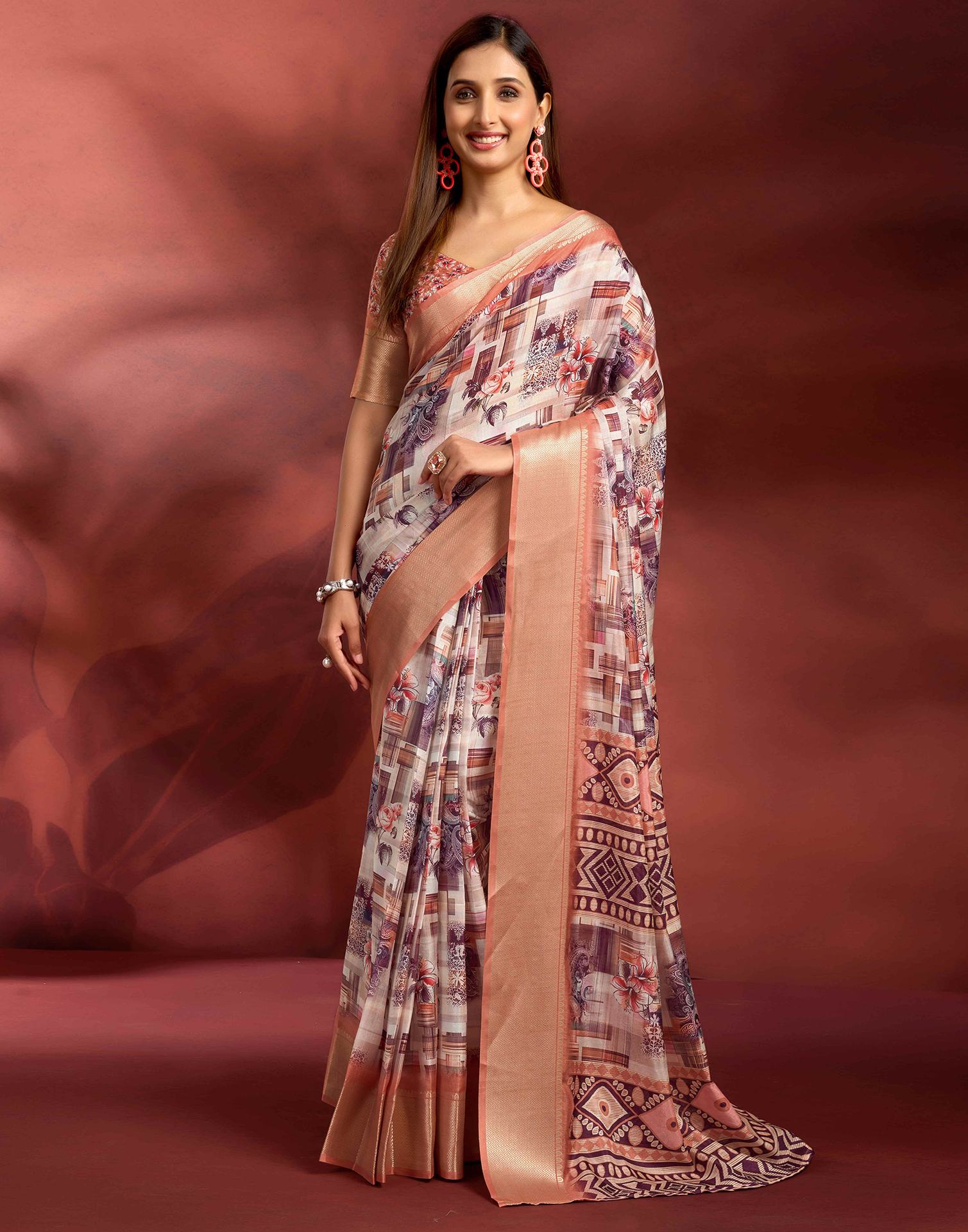 Ready To Wear Peach Dola Silk Printed Saree