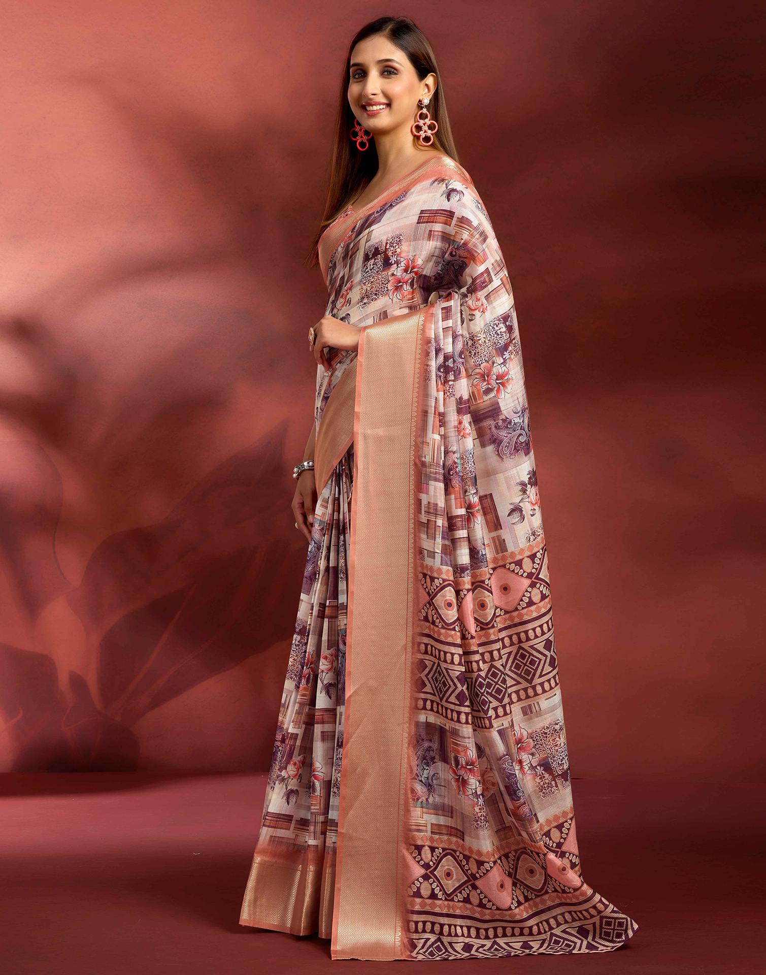 Ready To Wear Peach Dola Silk Printed Saree