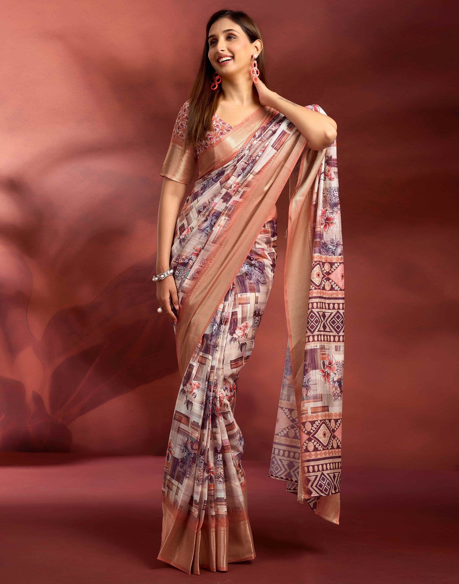 Ready To Wear Peach Dola Silk Printed Saree