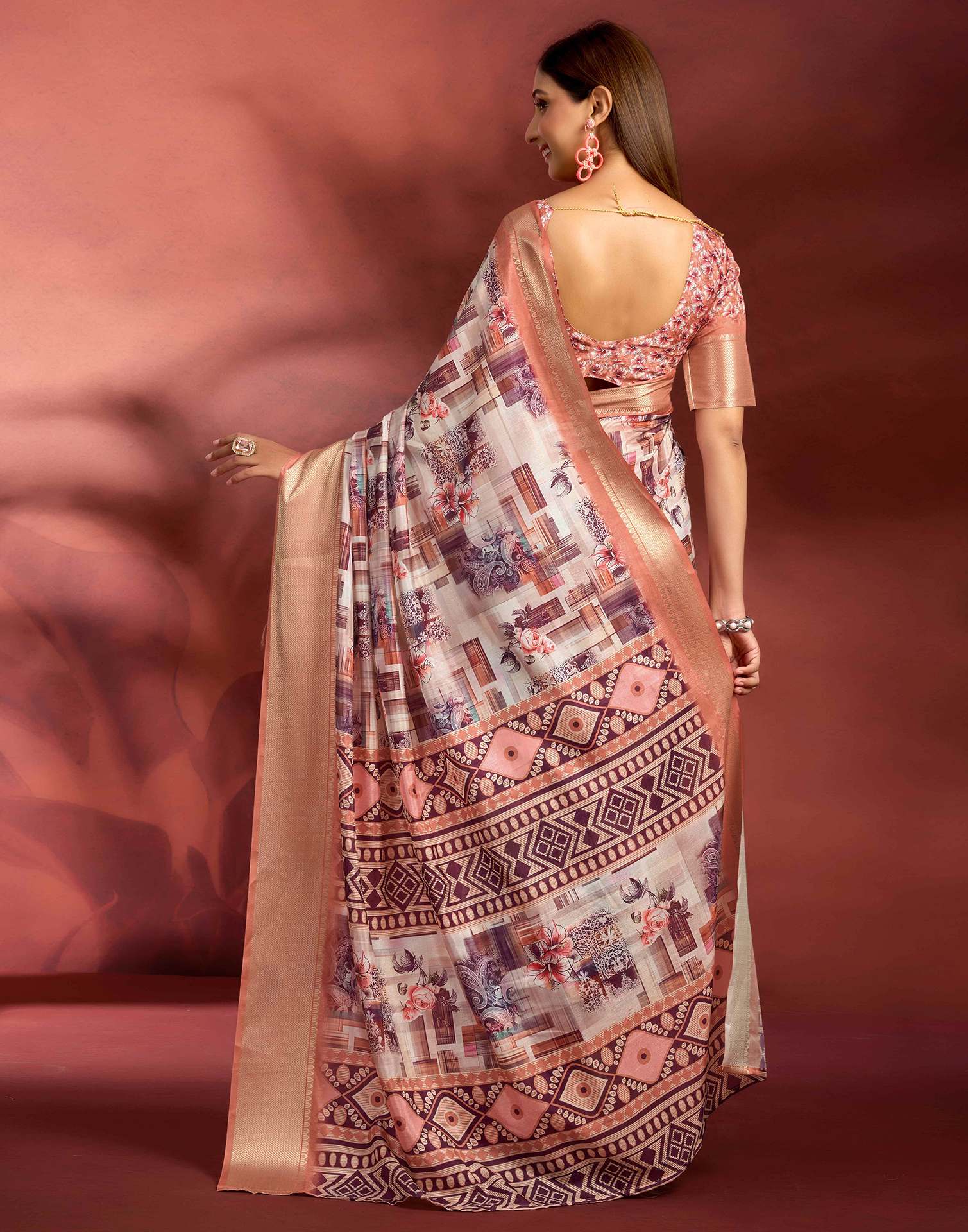 Ready To Wear Peach Dola Silk Printed Saree