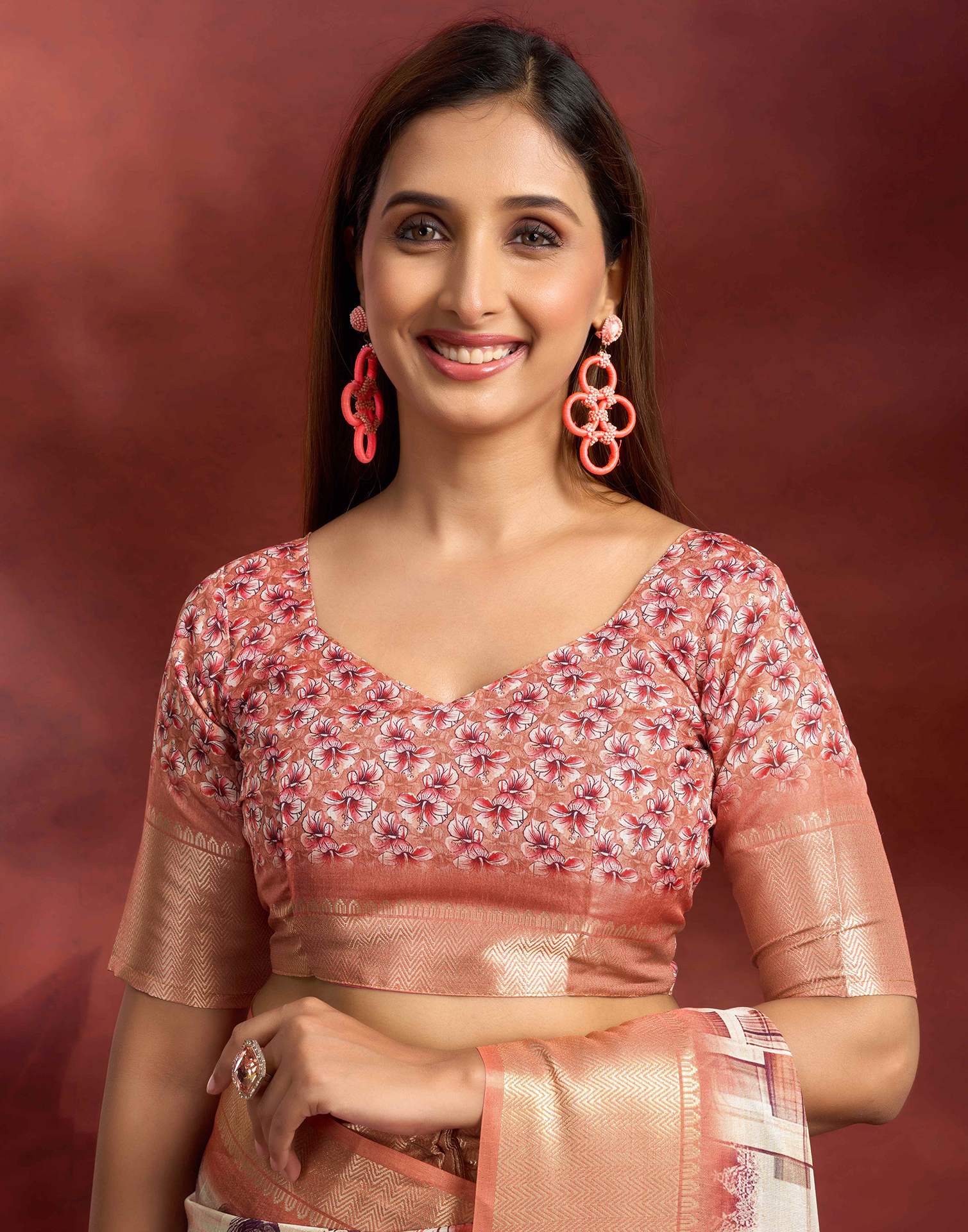 Ready To Wear Peach Dola Silk Printed Saree