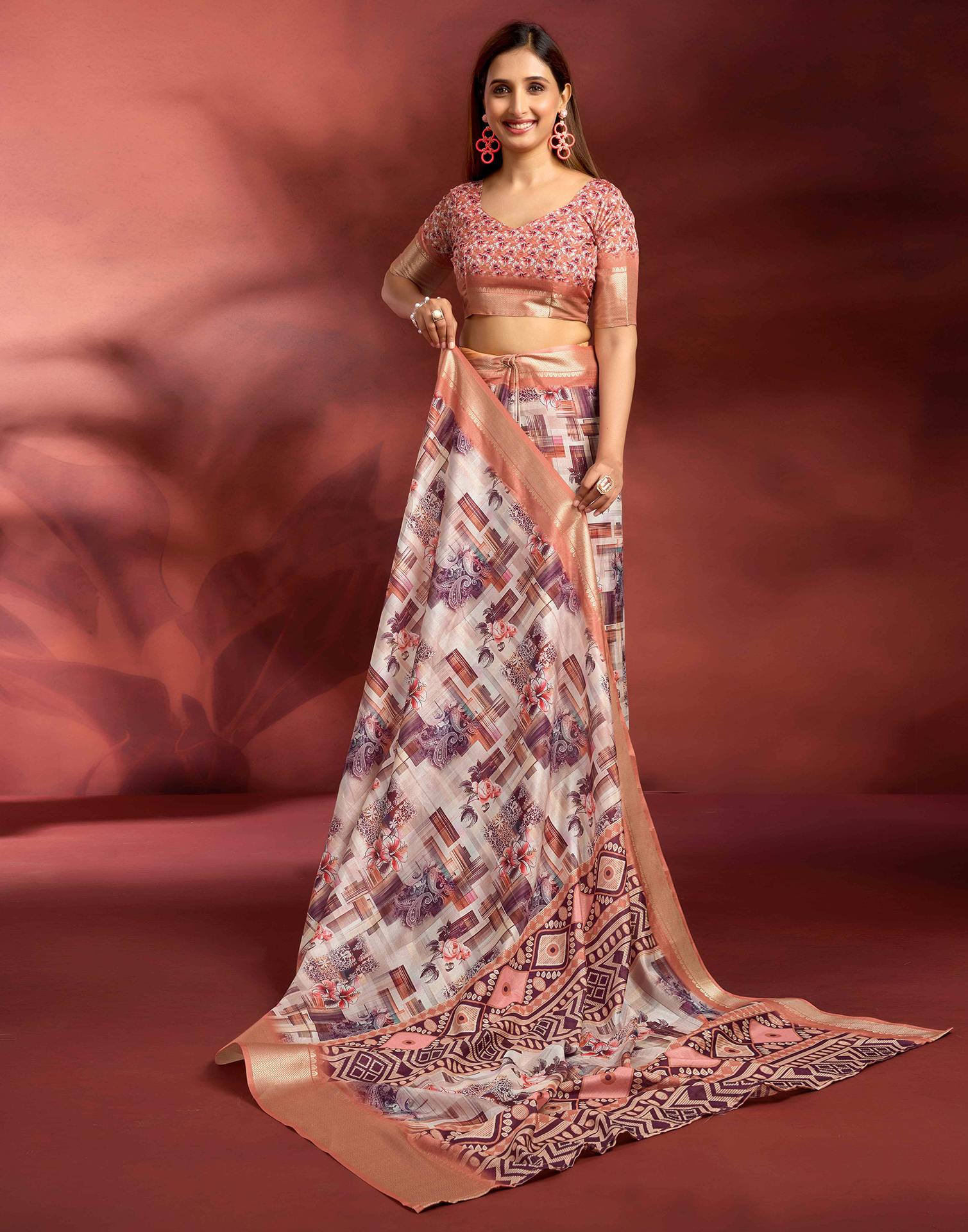 Ready To Wear Peach Dola Silk Printed Saree