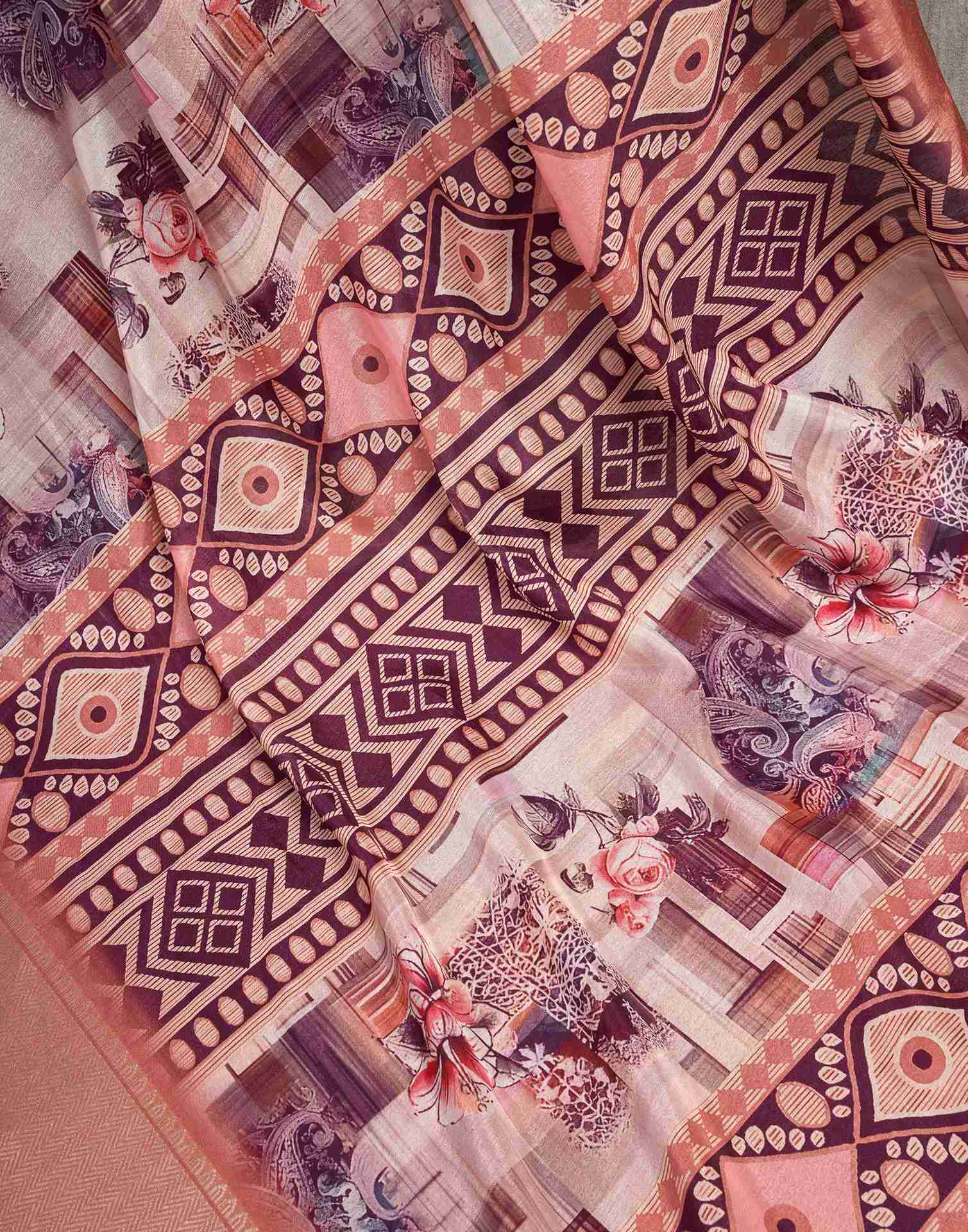 Ready To Wear Peach Dola Silk Printed Saree