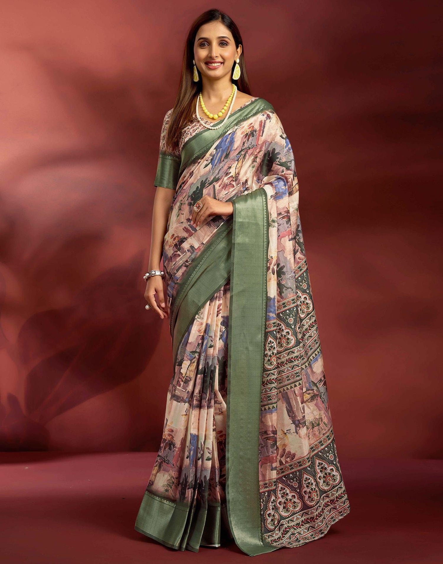 Ready To Wear Beige Dola Silk Printed Saree
