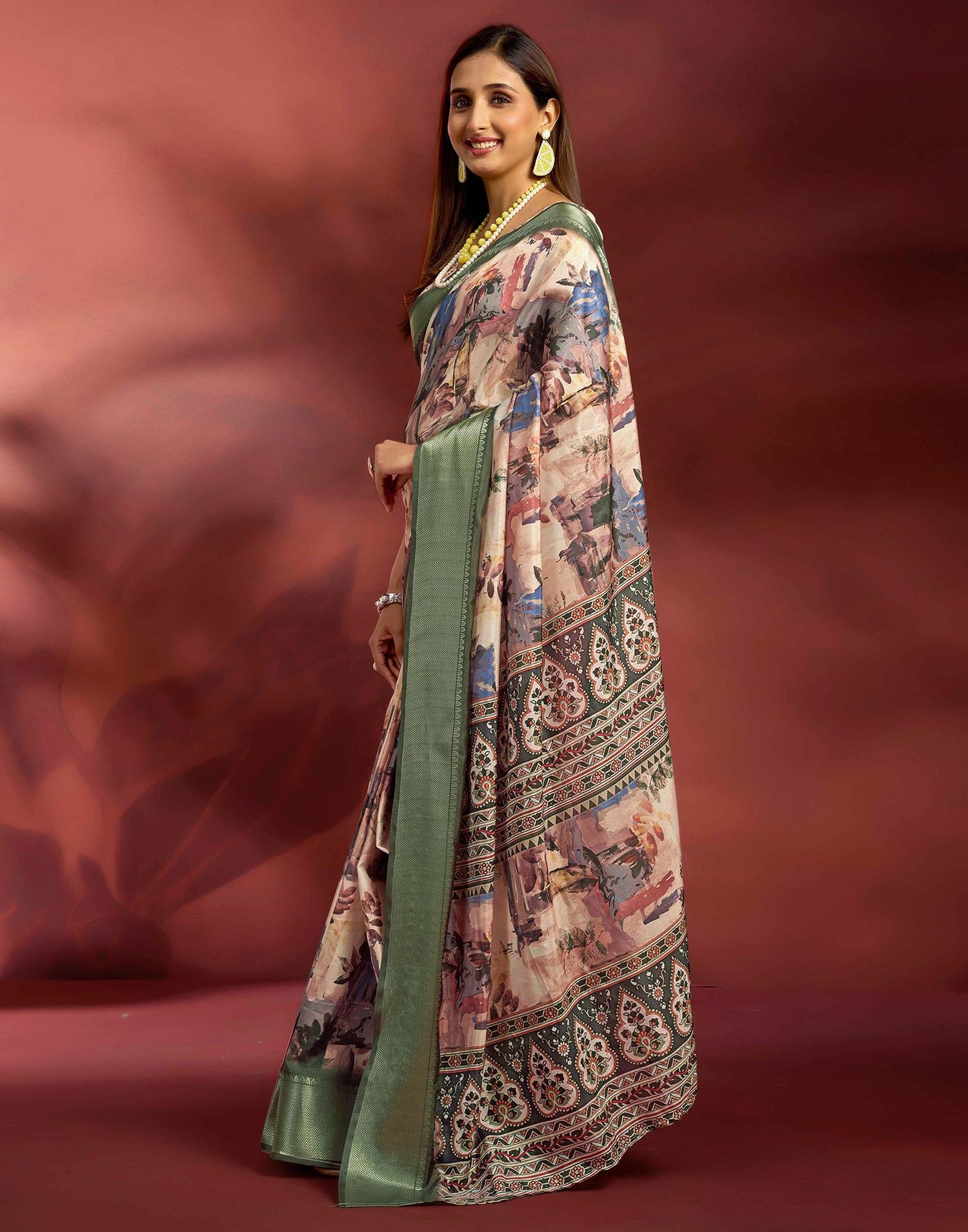Ready To Wear Beige Dola Silk Printed Saree