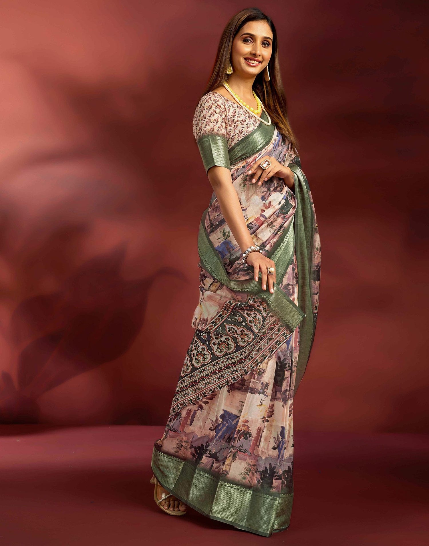 Ready To Wear Beige Dola Silk Printed Saree