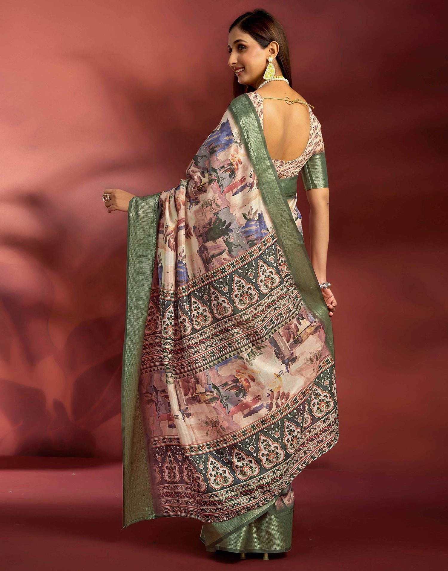 Ready To Wear Beige Dola Silk Printed Saree