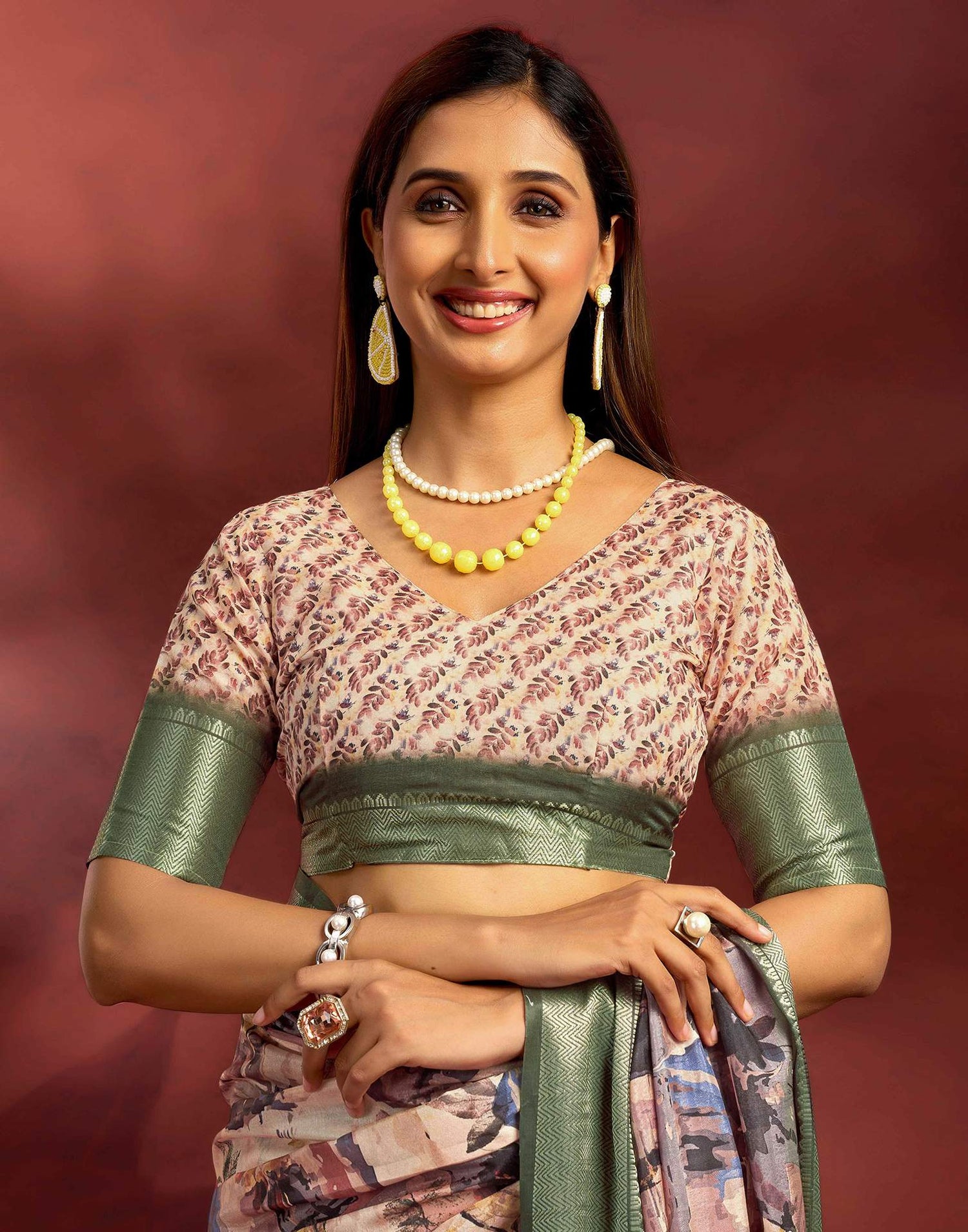 Ready To Wear Beige Dola Silk Printed Saree