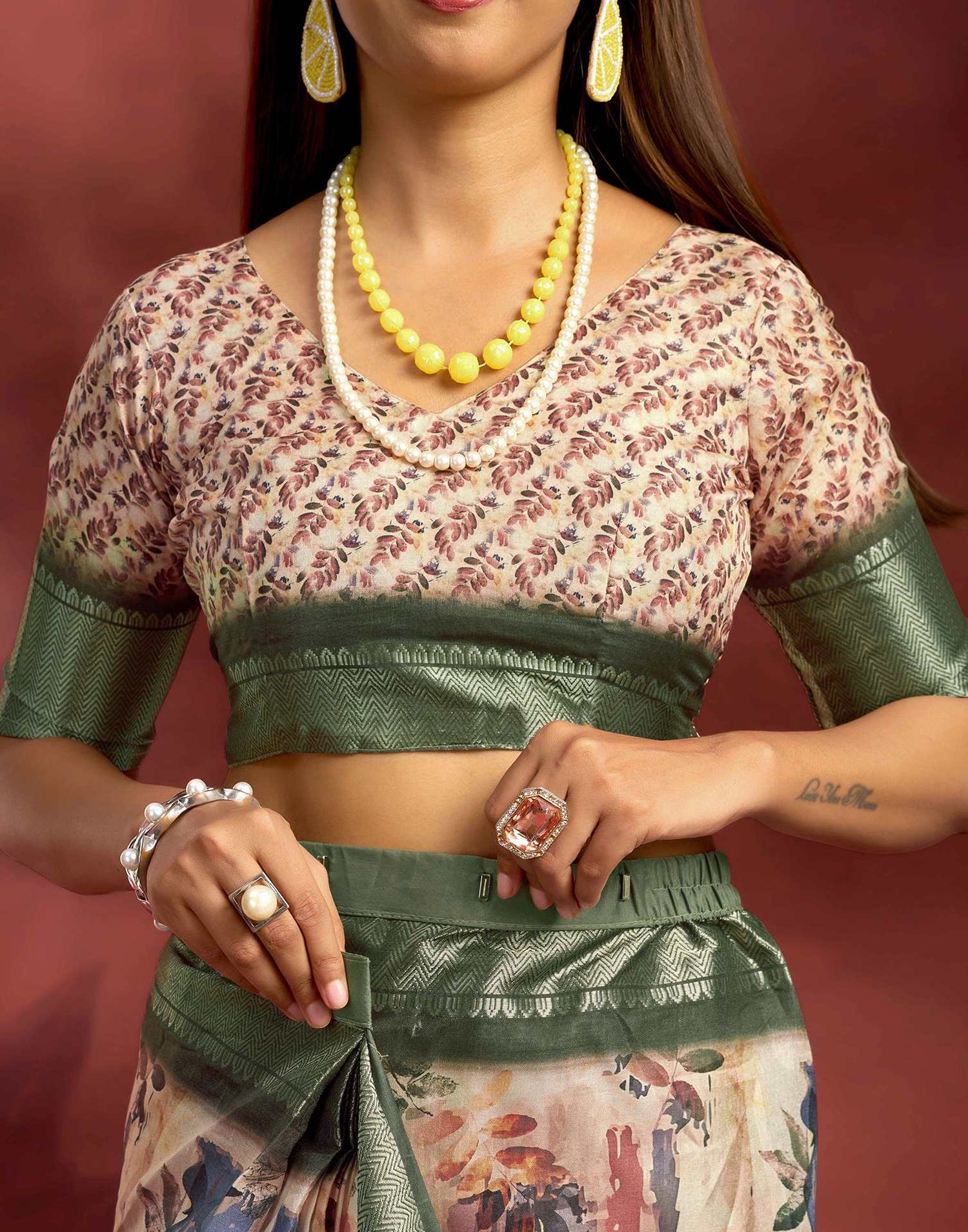 Ready To Wear Beige Dola Silk Printed Saree