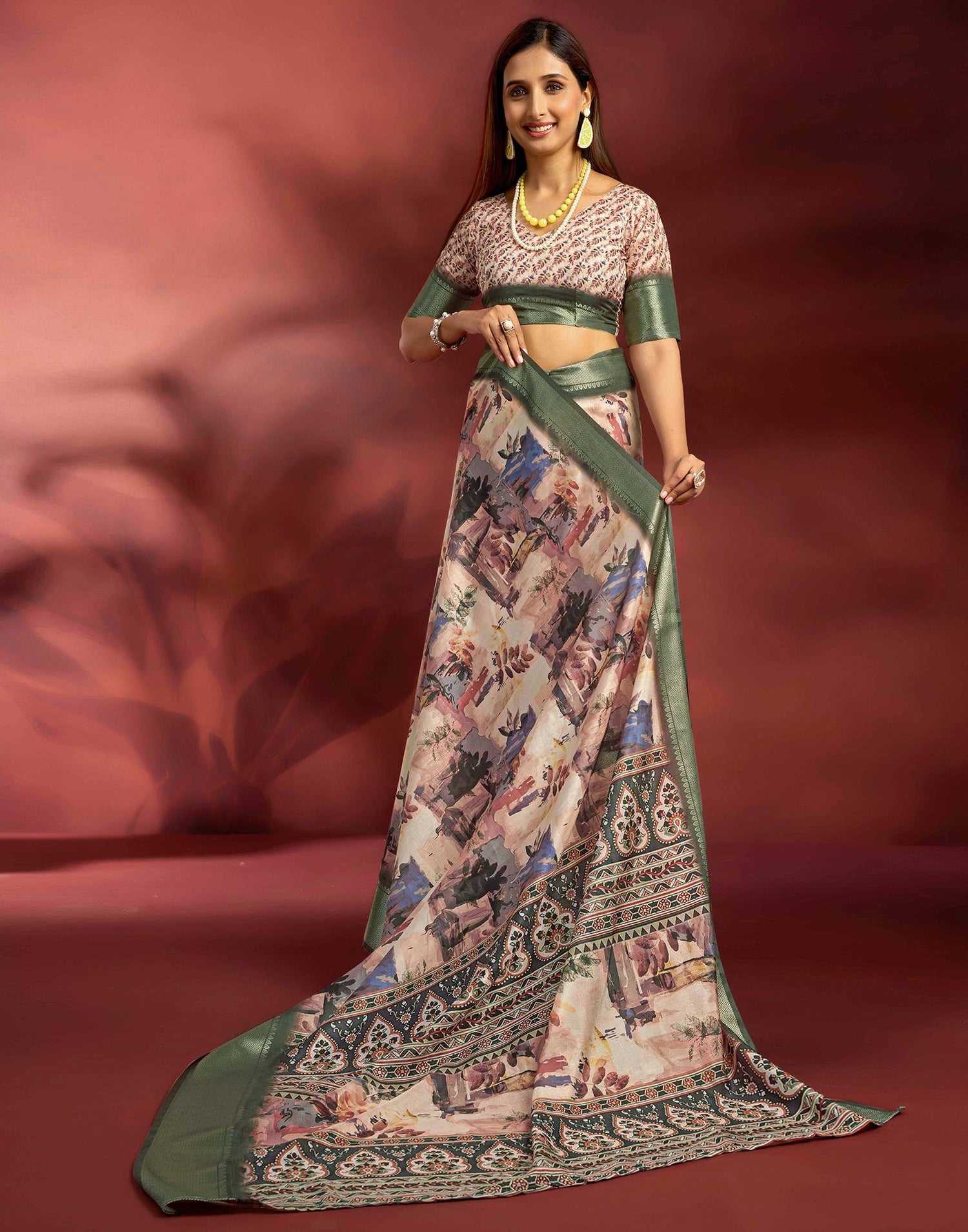 Ready To Wear Beige Dola Silk Printed Saree