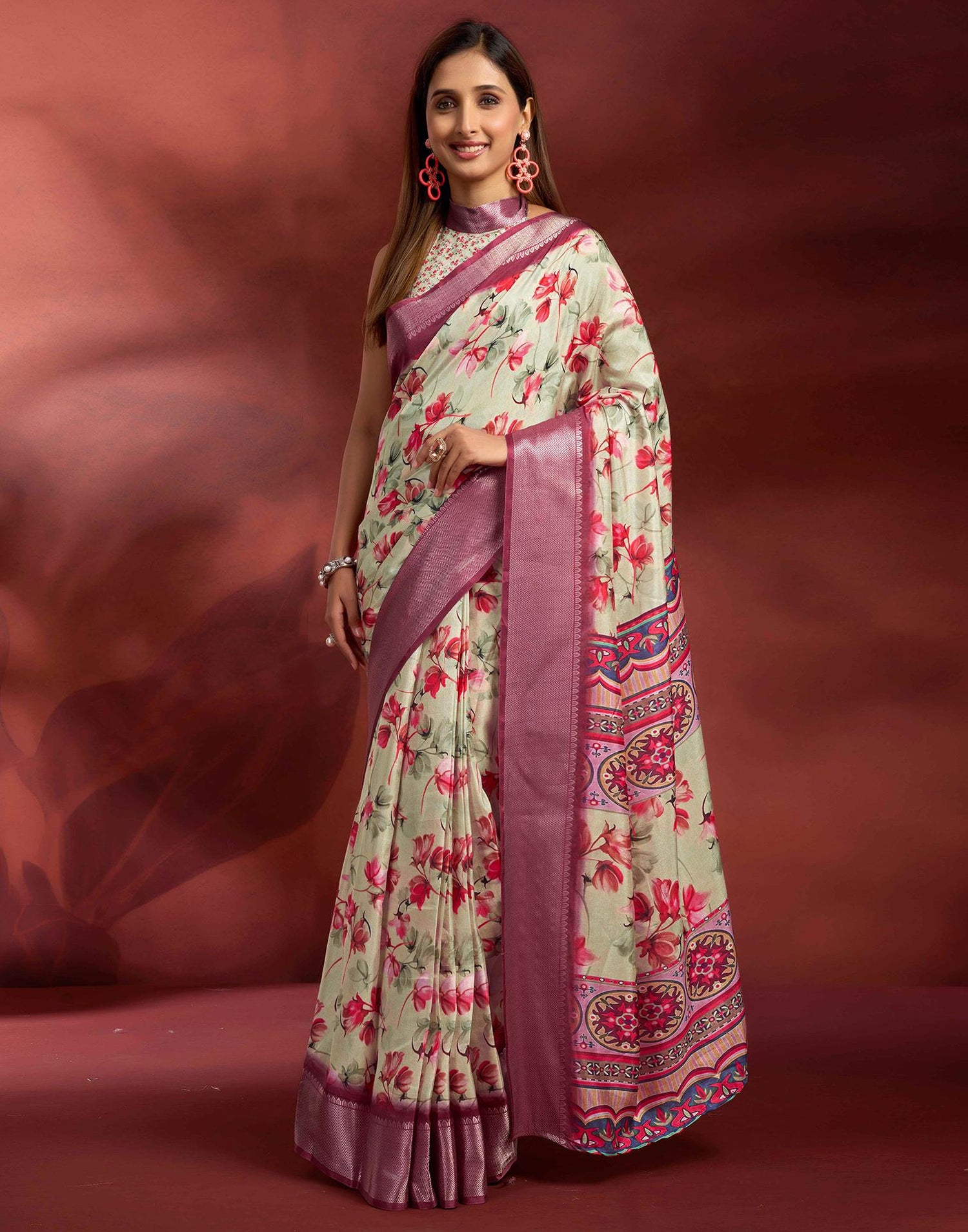 Ready To Wear Ligh Pista Green Dola Silk Printed Saree