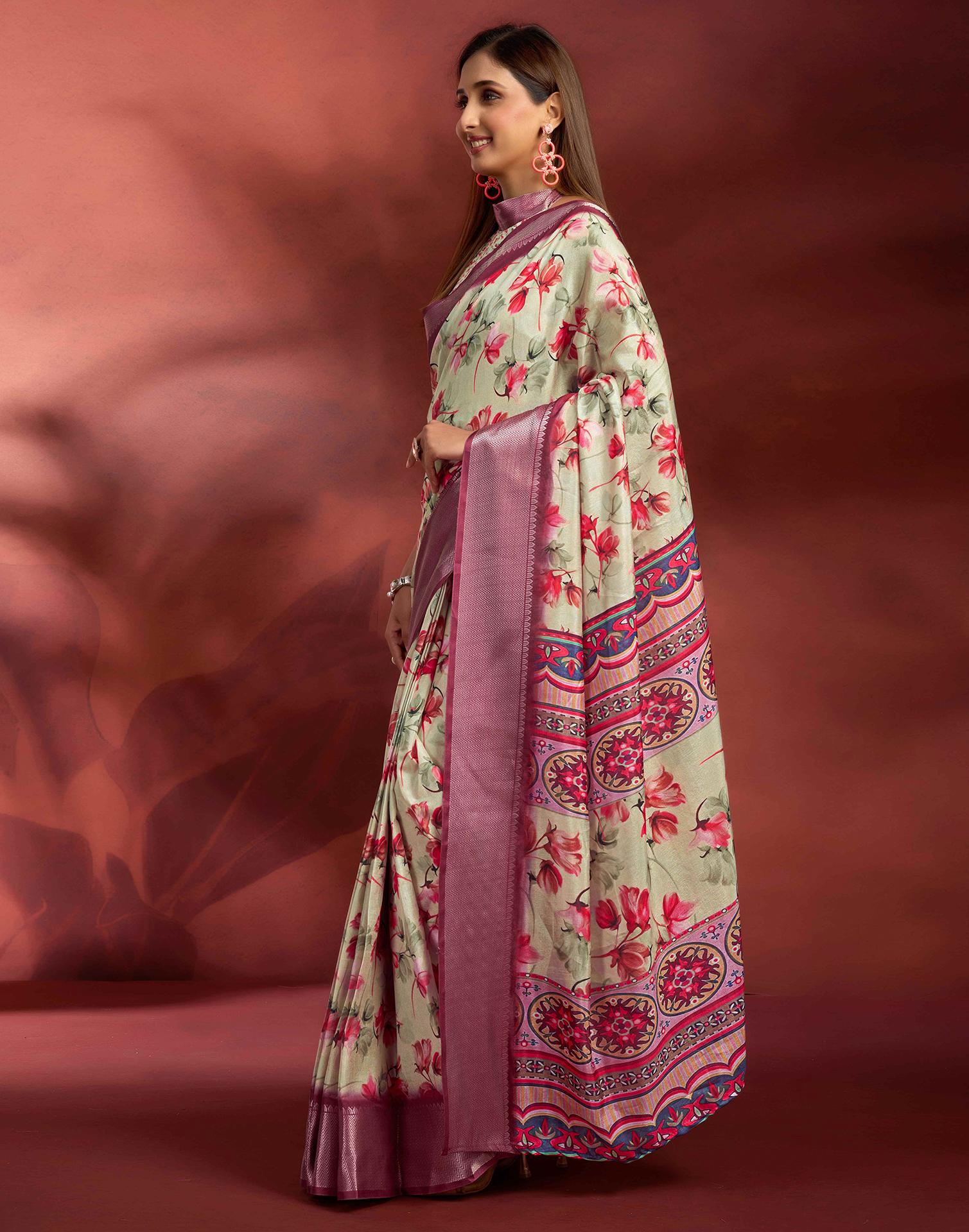Ready To Wear Ligh Pista Green Dola Silk Printed Saree