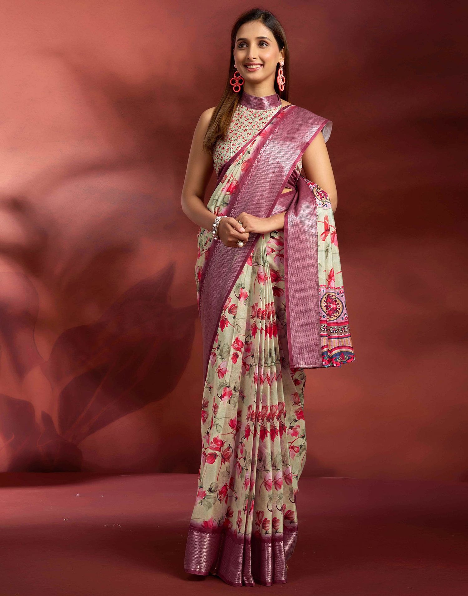 Ready To Wear Ligh Pista Green Dola Silk Printed Saree