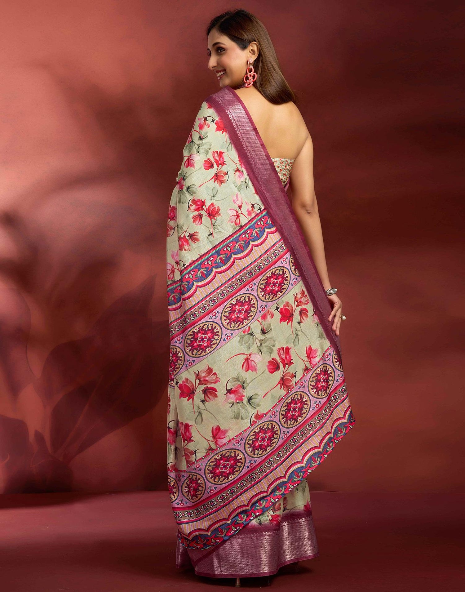 Ready To Wear Ligh Pista Green Dola Silk Printed Saree