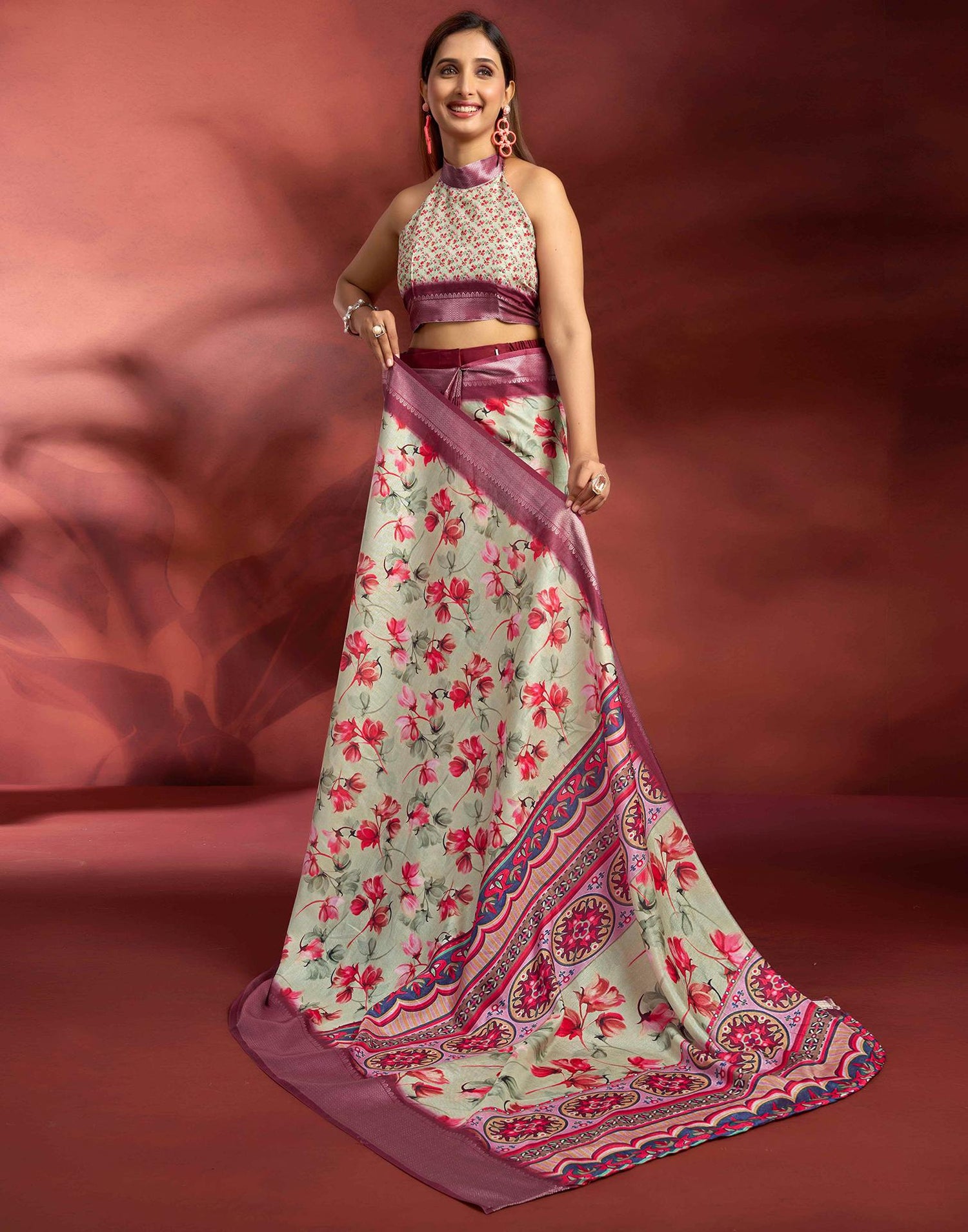 Ready To Wear Ligh Pista Green Dola Silk Printed Saree