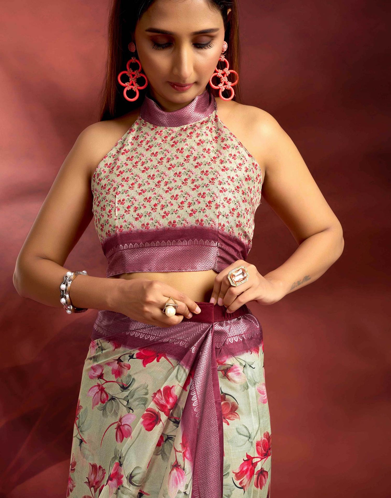 Ready To Wear Ligh Pista Green Dola Silk Printed Saree