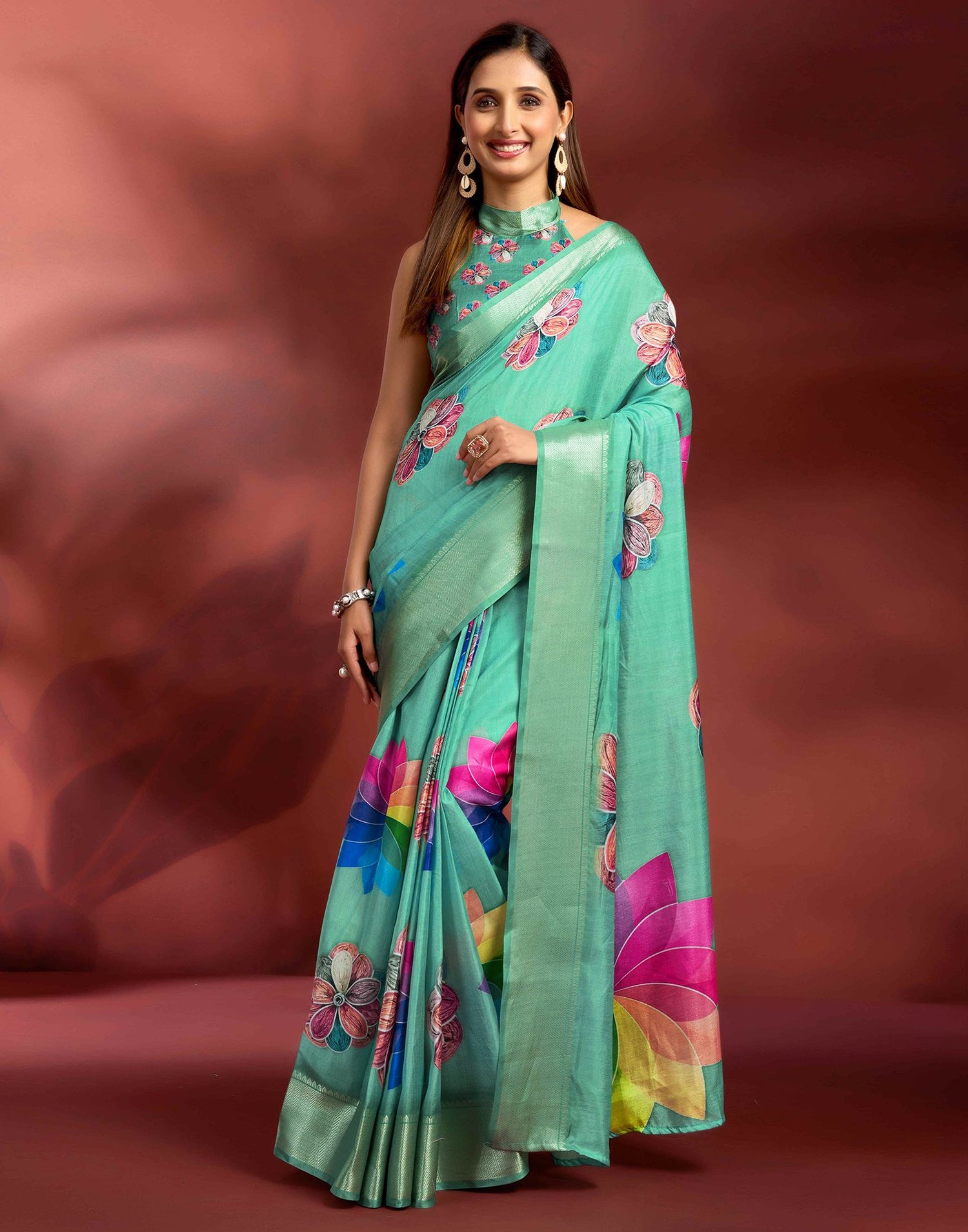 Ready To Wear Sea Green Dola Silk Printed Saree