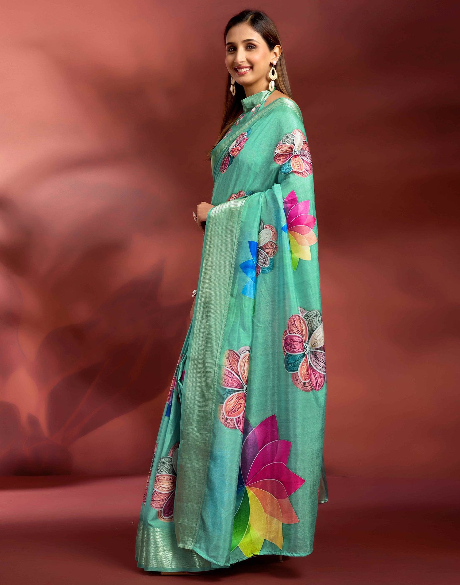 Ready To Wear Sea Green Dola Silk Printed Saree