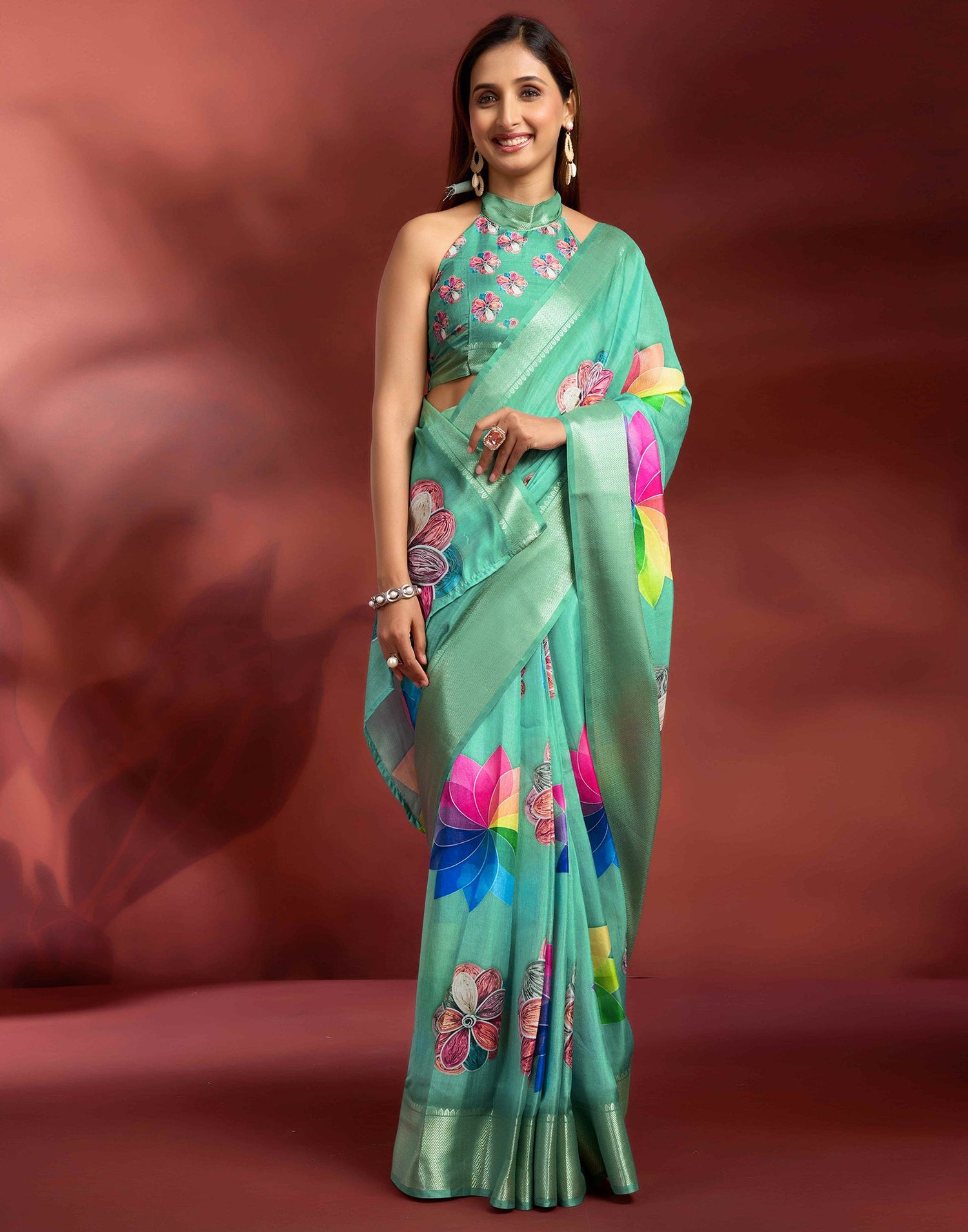 Ready To Wear Sea Green Dola Silk Printed Saree