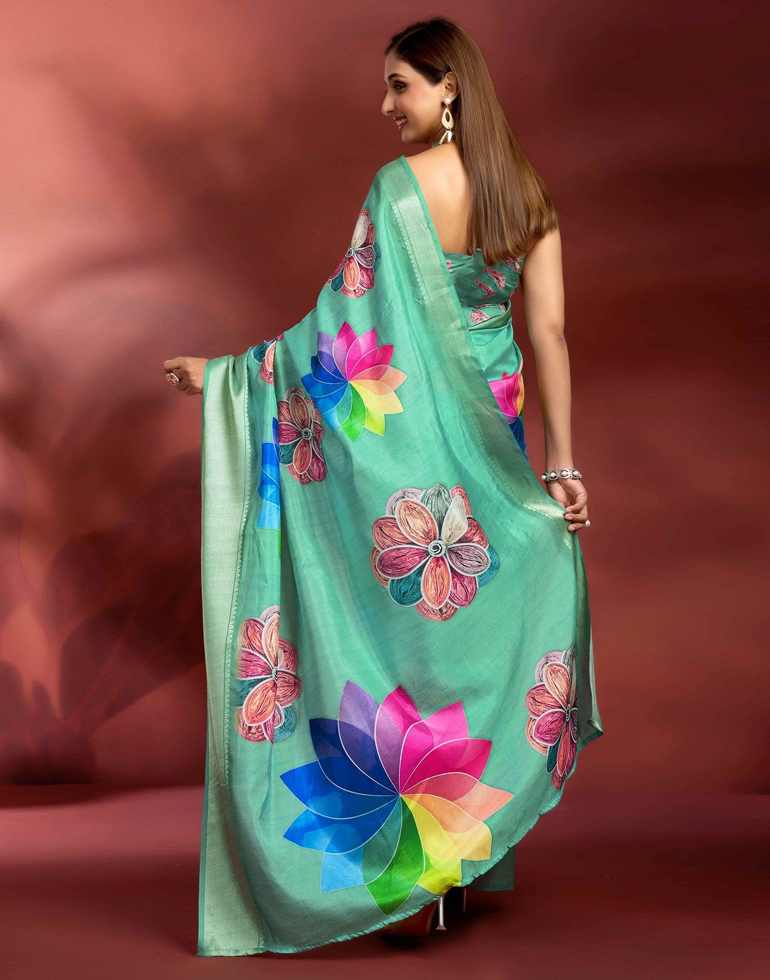 Ready To Wear Sea Green Dola Silk Printed Saree