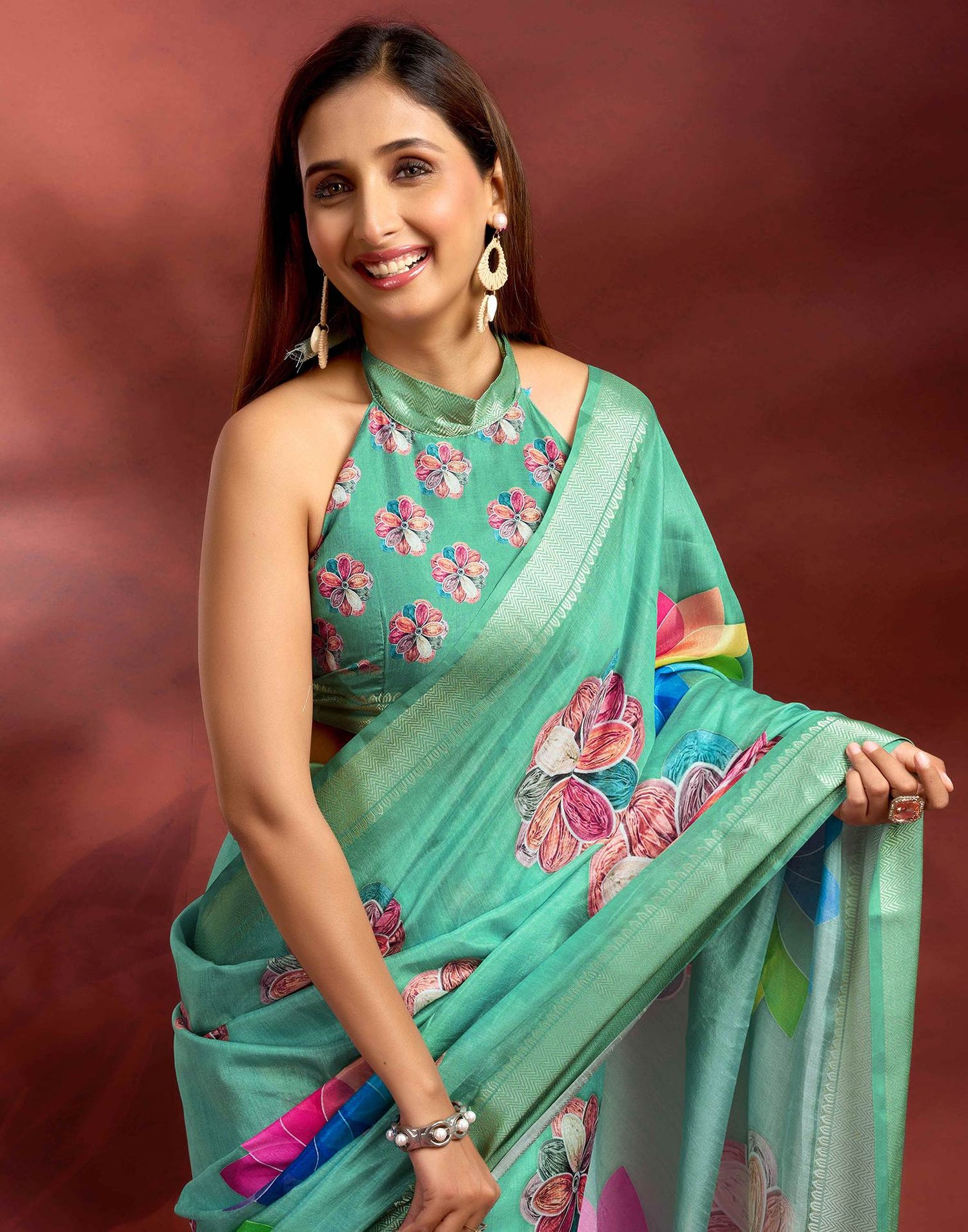 Ready To Wear Sea Green Dola Silk Printed Saree