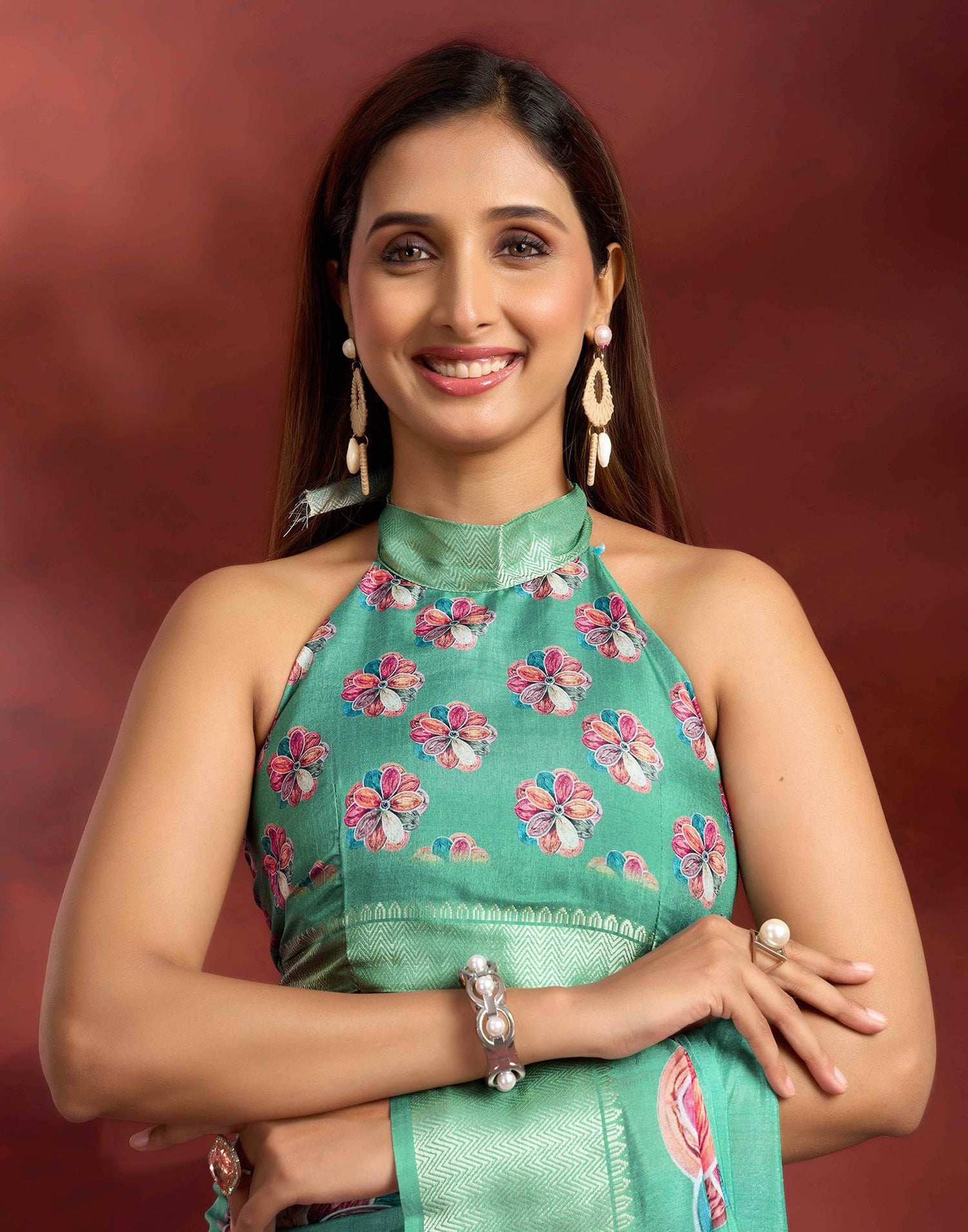 Ready To Wear Sea Green Dola Silk Printed Saree