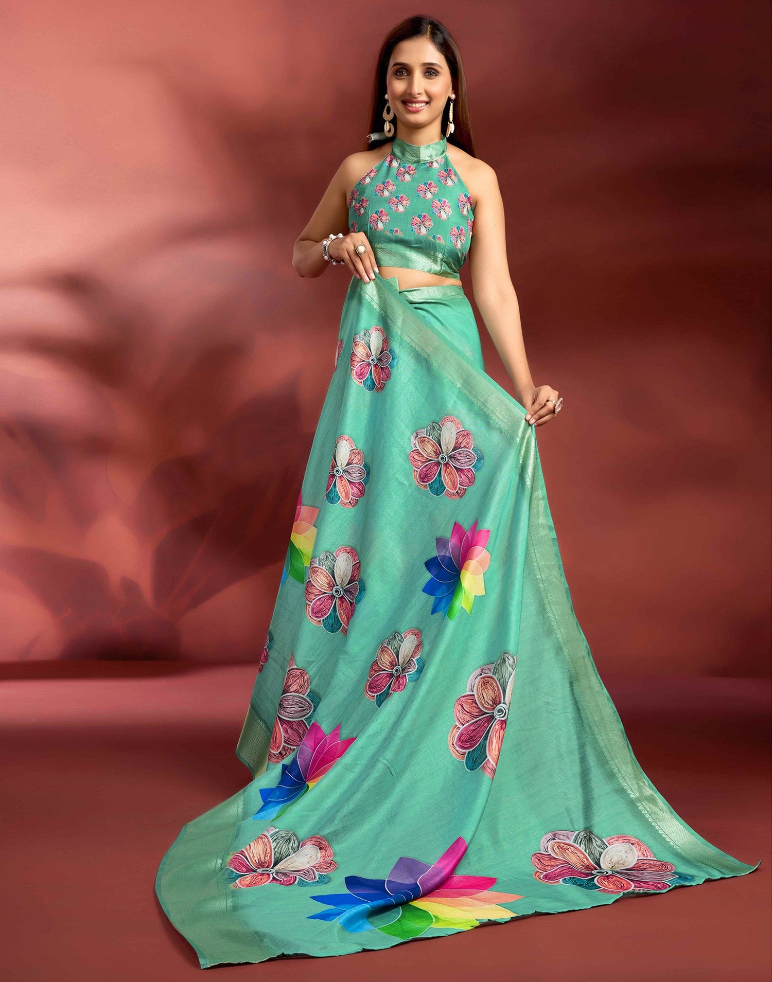 Ready To Wear Sea Green Dola Silk Printed Saree