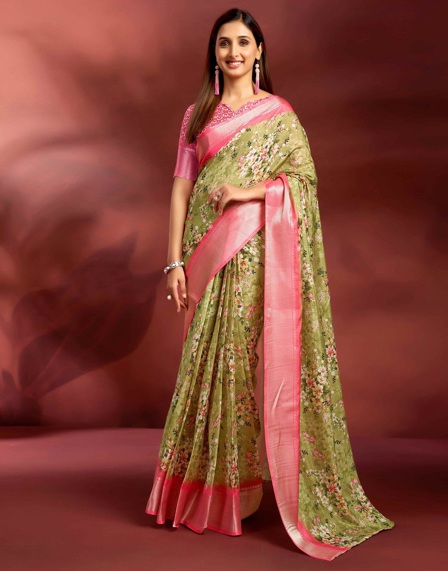 Ready To Wear Moss Green Dola Silk Printed Saree